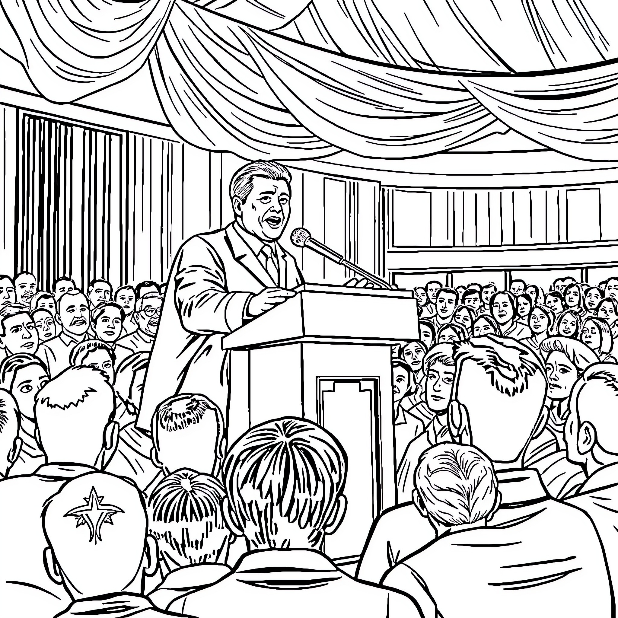 Estanislado Sedeno Addressing Crowd at Conference Coloring Page (free black-and-white line drawing printable PDF for all, from beginners to advanced learners, including children, teens, adults, and seniors)