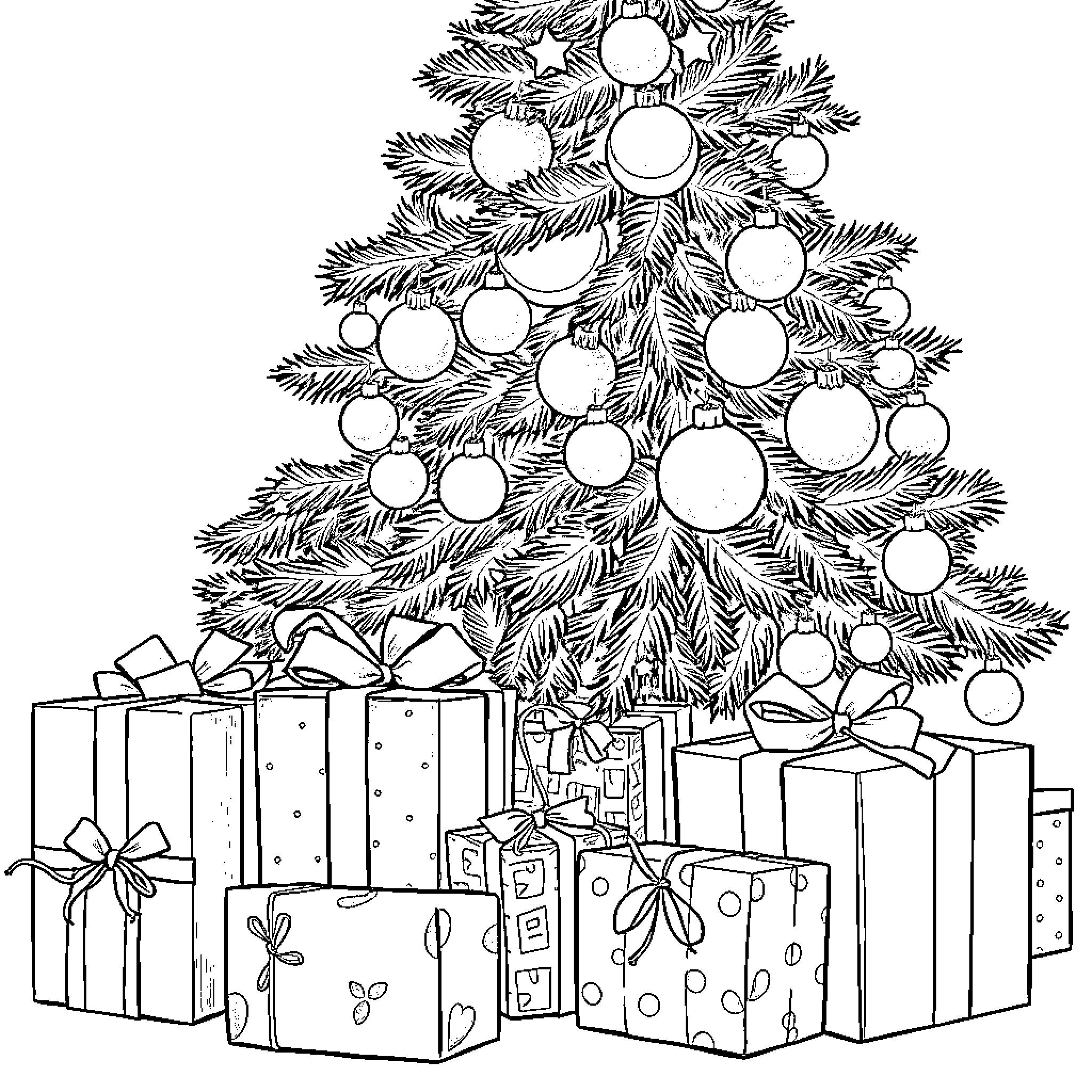 Present Decorated Christmas Tree with Gifts Coloring Page (free black-and-white line drawing printable PDF for all, from beginners to advanced learners, including children, teens, adults, and seniors)
