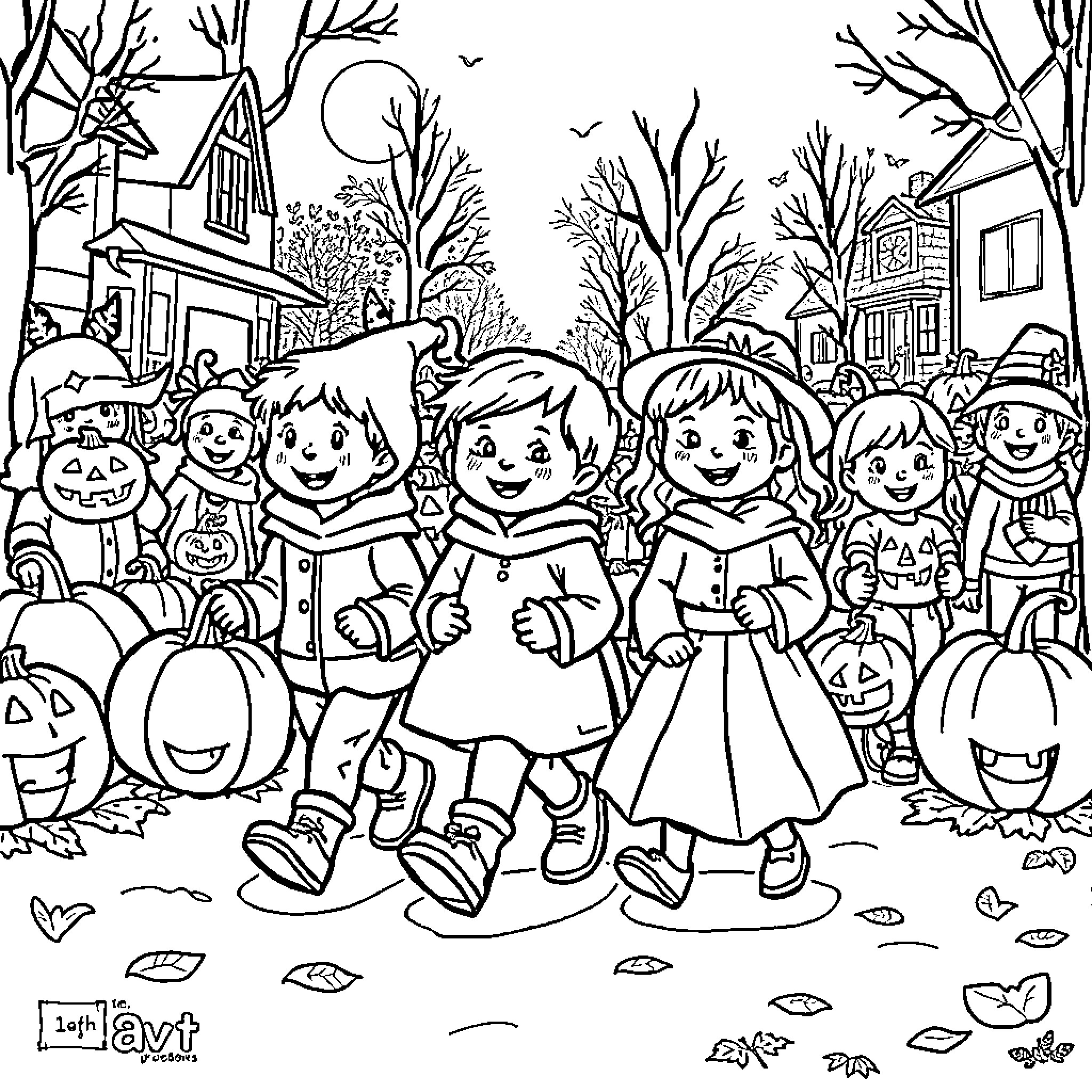 Pumpkin Trick-or-Treaters Explore Festive Neighborhood Coloring Page (free black-and-white line drawing printable PDF for all, from beginners to advanced learners, including children, teens, adults, and seniors)