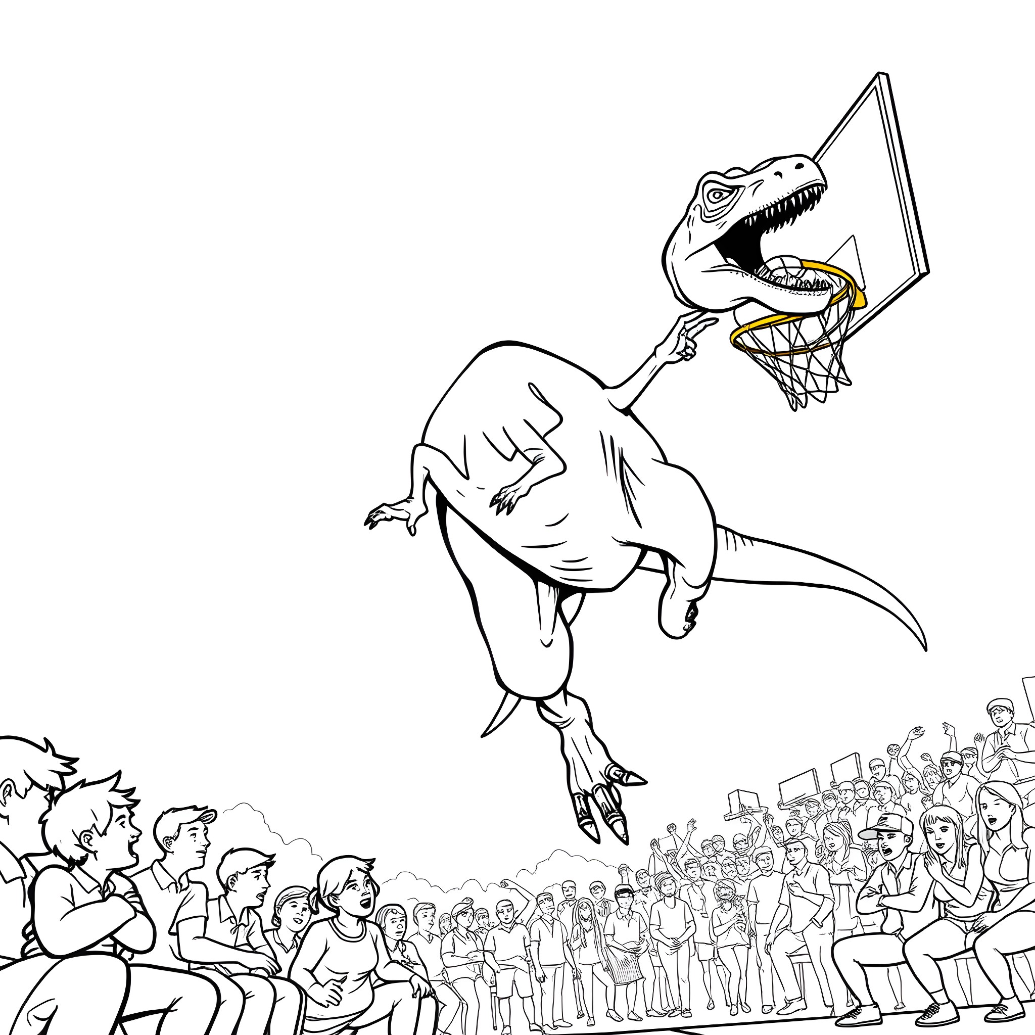 Velociraptor dunking basketball amidst crowd Coloring Page (free black-and-white line drawing printable PDF for all, from beginners to advanced learners, including children, teens, adults, and seniors)