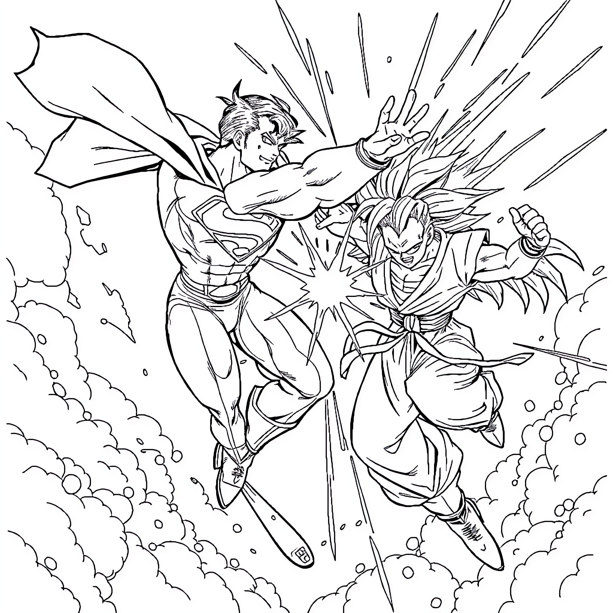 Superman battles a powerful foe in an epic showdown Coloring Page (free black-and-white line drawing printable PDF for all, from beginners to advanced learners, including children, teens, adults, and seniors)