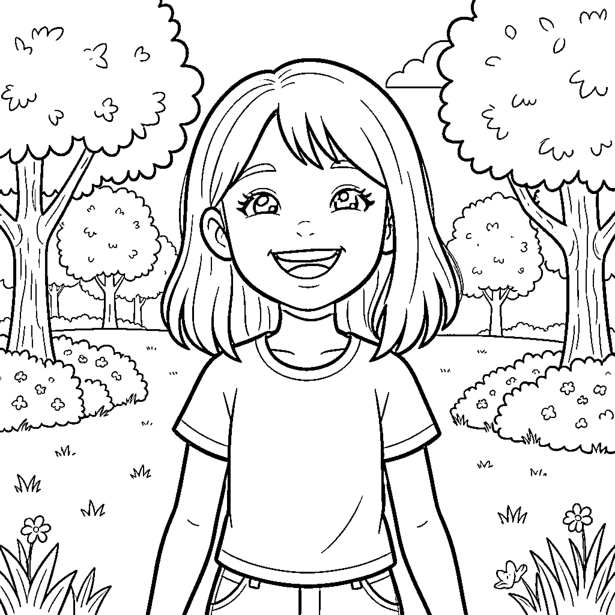 Fille smiling joyfully in a beautiful park Coloring Page (free black-and-white line drawing printable PDF for all, from beginners to advanced learners, including children, teens, adults, and seniors)