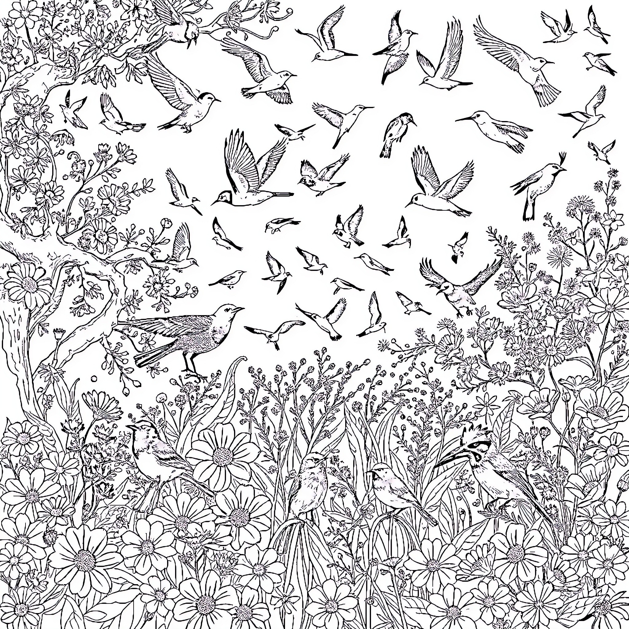 Birds soaring through a vibrant floral landscape Coloring Page (free black-and-white line drawing printable PDF for all, from beginners to advanced learners, including children, teens, adults, and seniors)