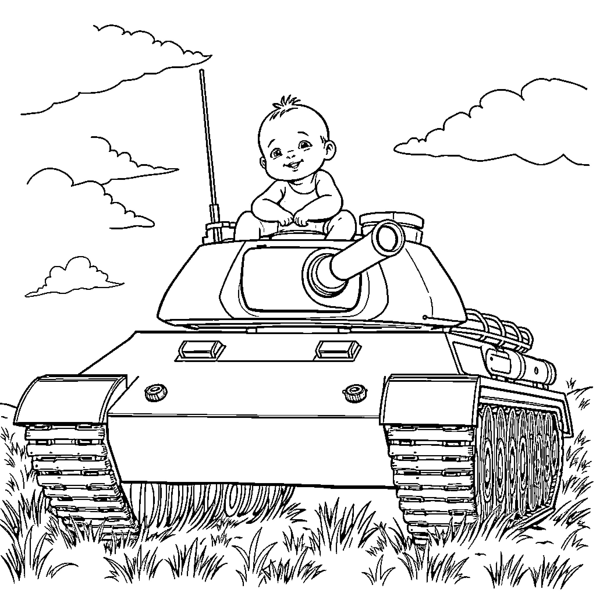 Baby playing happily on a military tank Coloring Page (free black-and-white line drawing printable PDF for all, from beginners to advanced learners, including children, teens, adults, and seniors)
