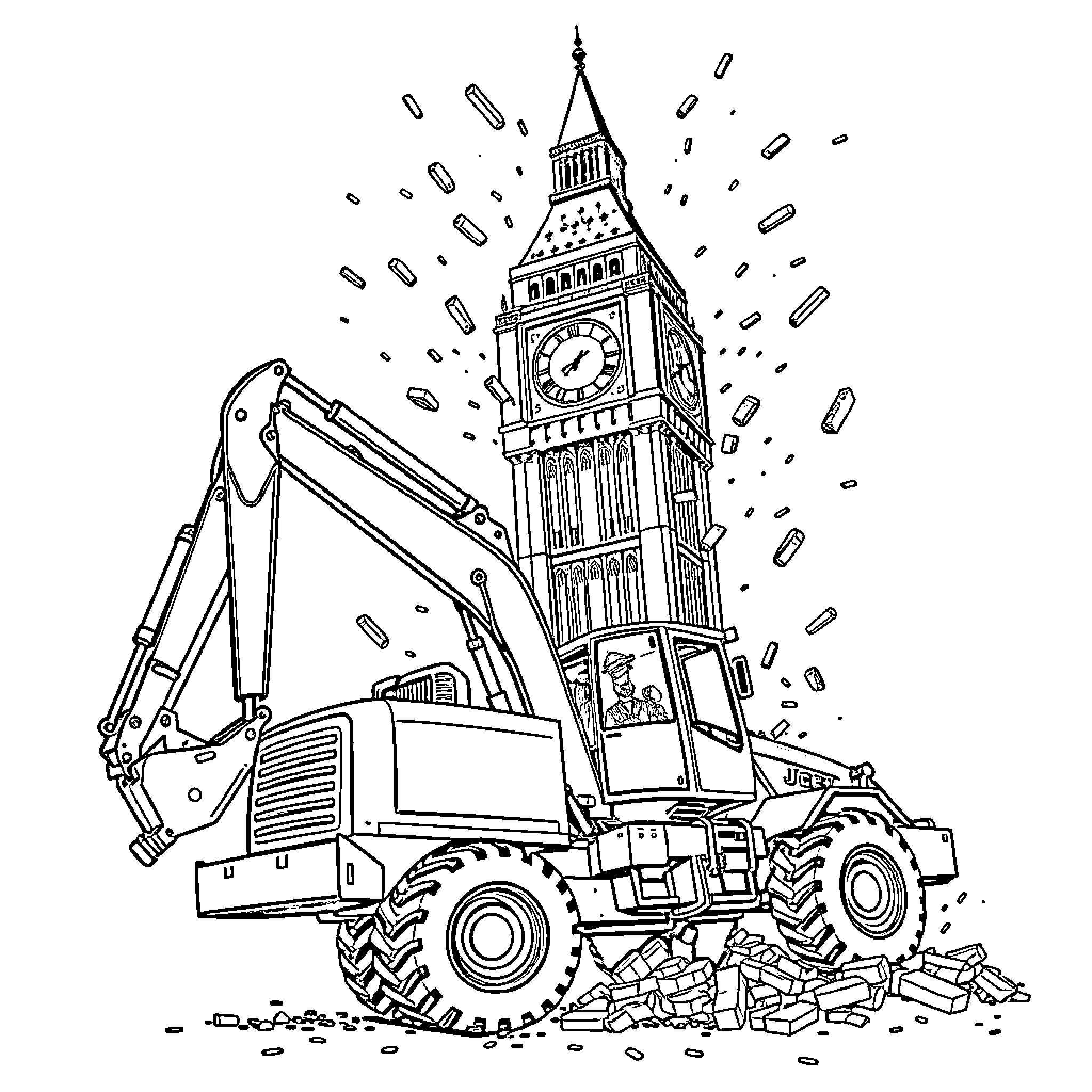 Excavator demolishing Big Ben structure Coloring Page (free black-and-white line drawing printable PDF for all, from beginners to advanced learners, including children, teens, adults, and seniors)