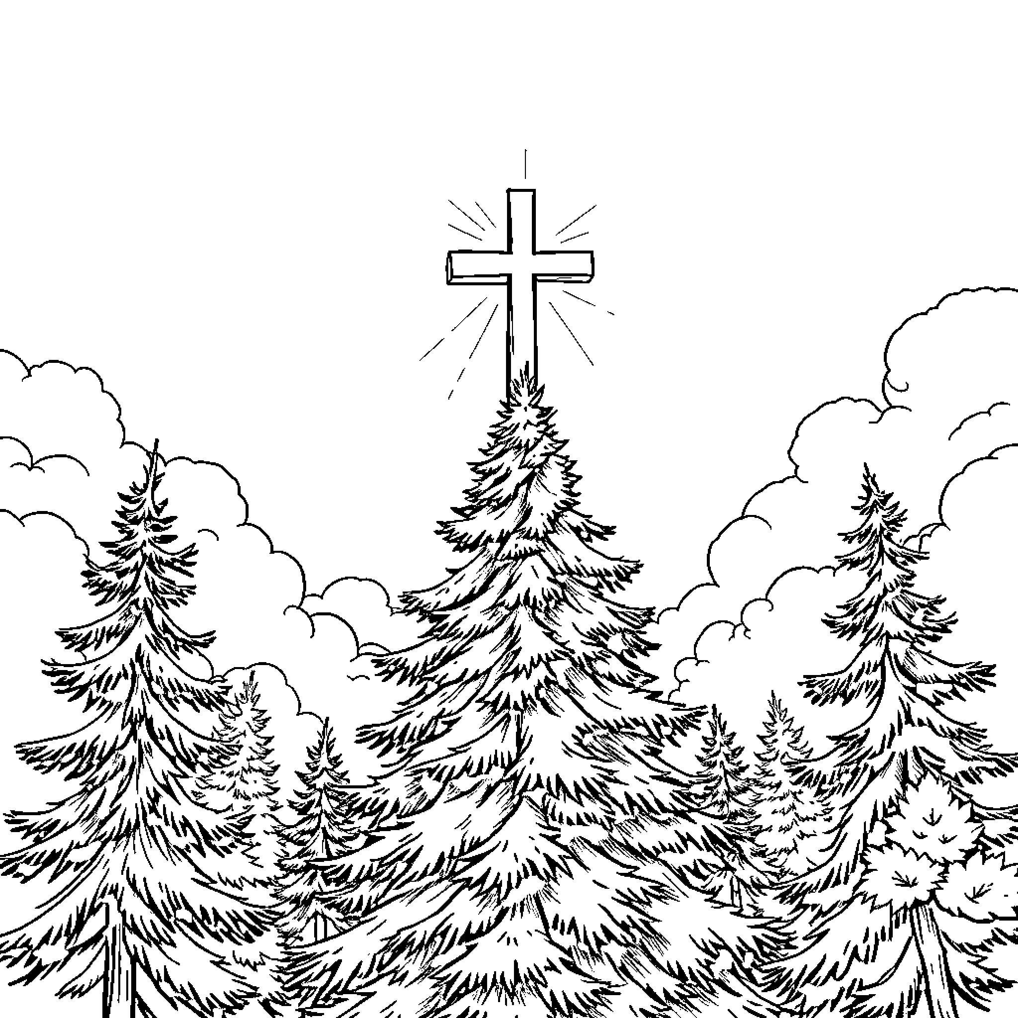 Cross standing tall in the snowy forest Coloring Page (free black-and-white line drawing printable PDF for all, from beginners to advanced learners, including children, teens, adults, and seniors)