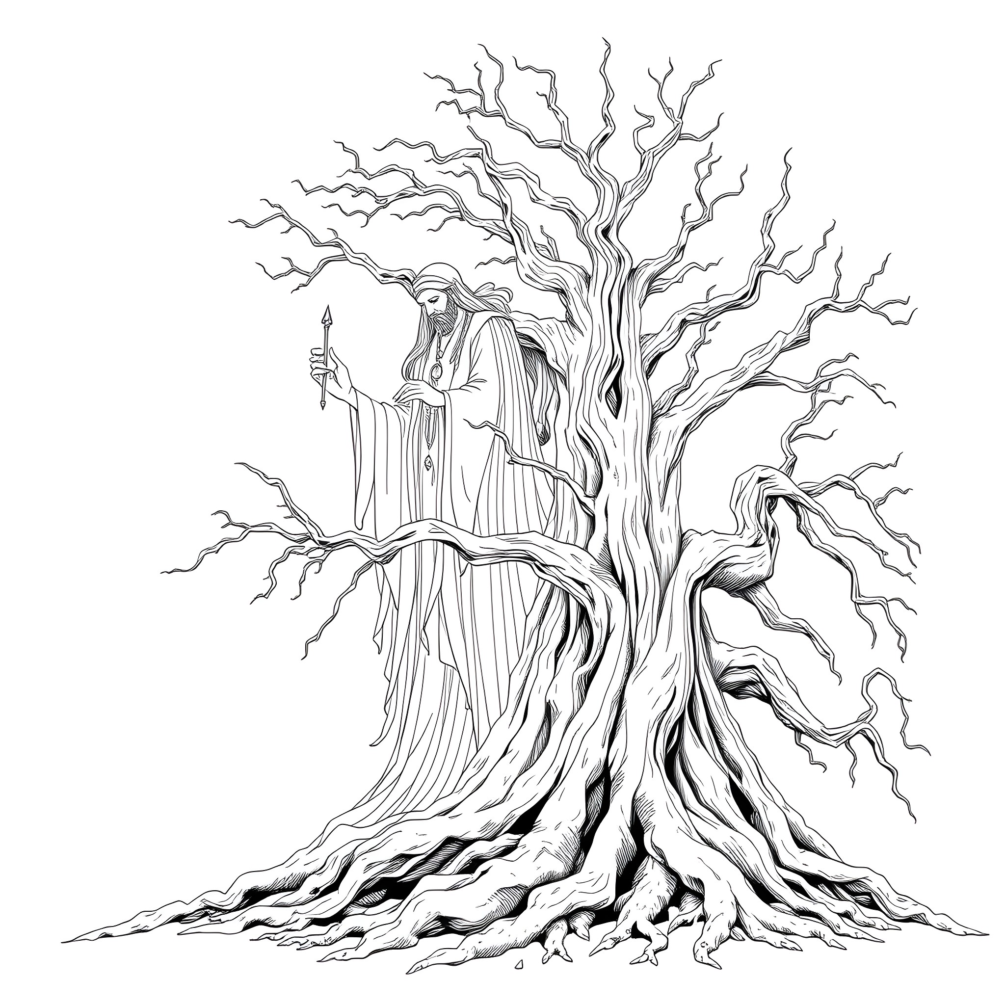 Spirit of the Enchanted Forest Coloring Page (free black-and-white line drawing printable PDF for all, from beginners to advanced learners, including children, teens, adults, and seniors)