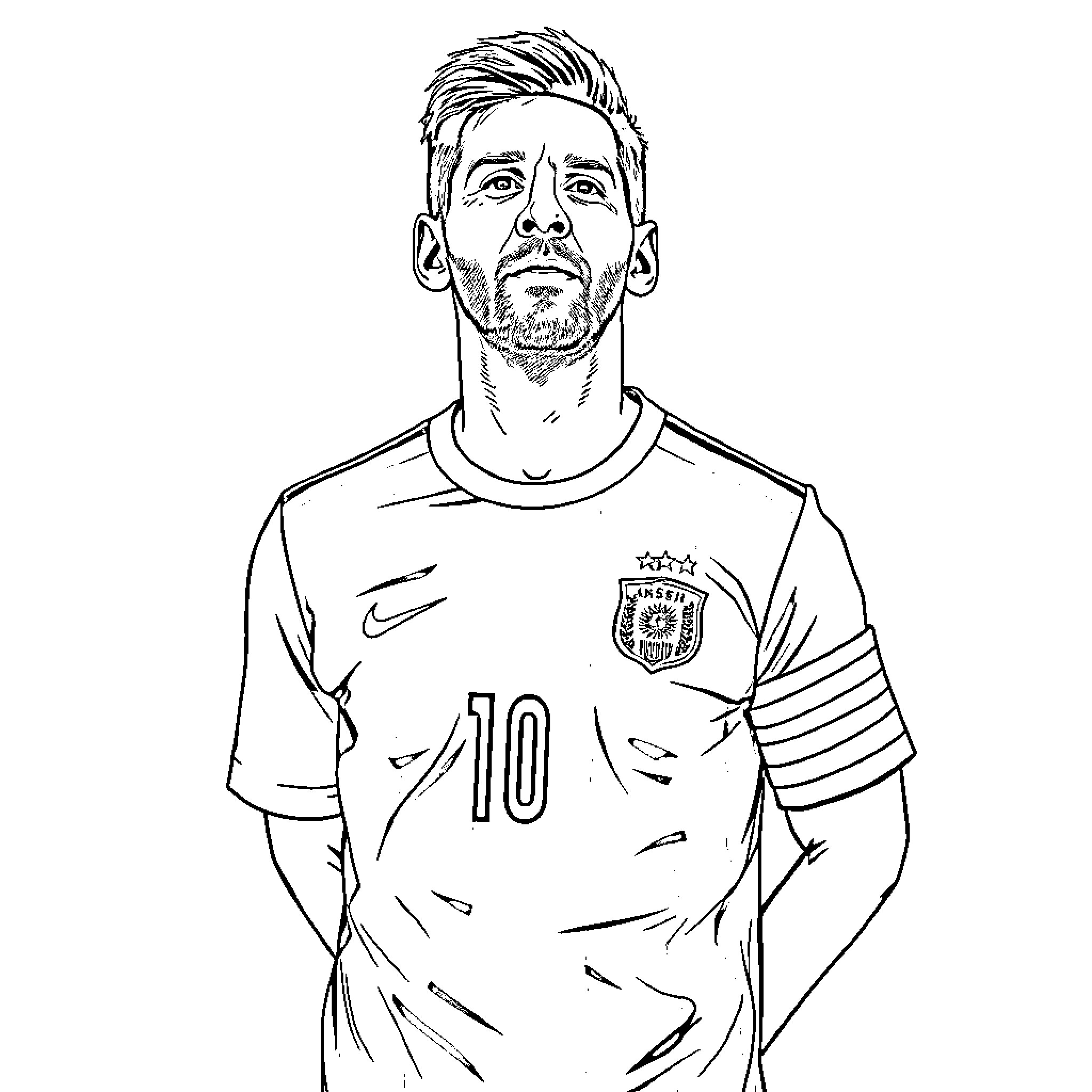 Messi wearing national team uniform Coloring Page (free black-and-white line drawing printable PDF for all, from beginners to advanced learners, including children, teens, adults, and seniors)