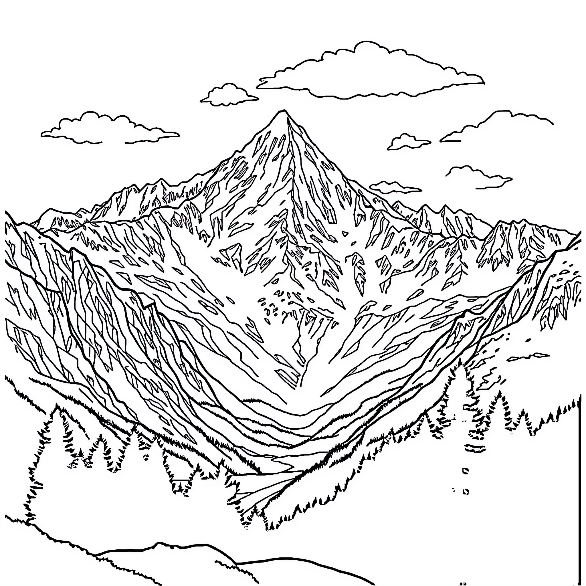 Mountain landscape with rugged peaks and clouds Coloring Page (free black-and-white line drawing printable PDF for all, from beginners to advanced learners, including children, teens, adults, and seniors)
