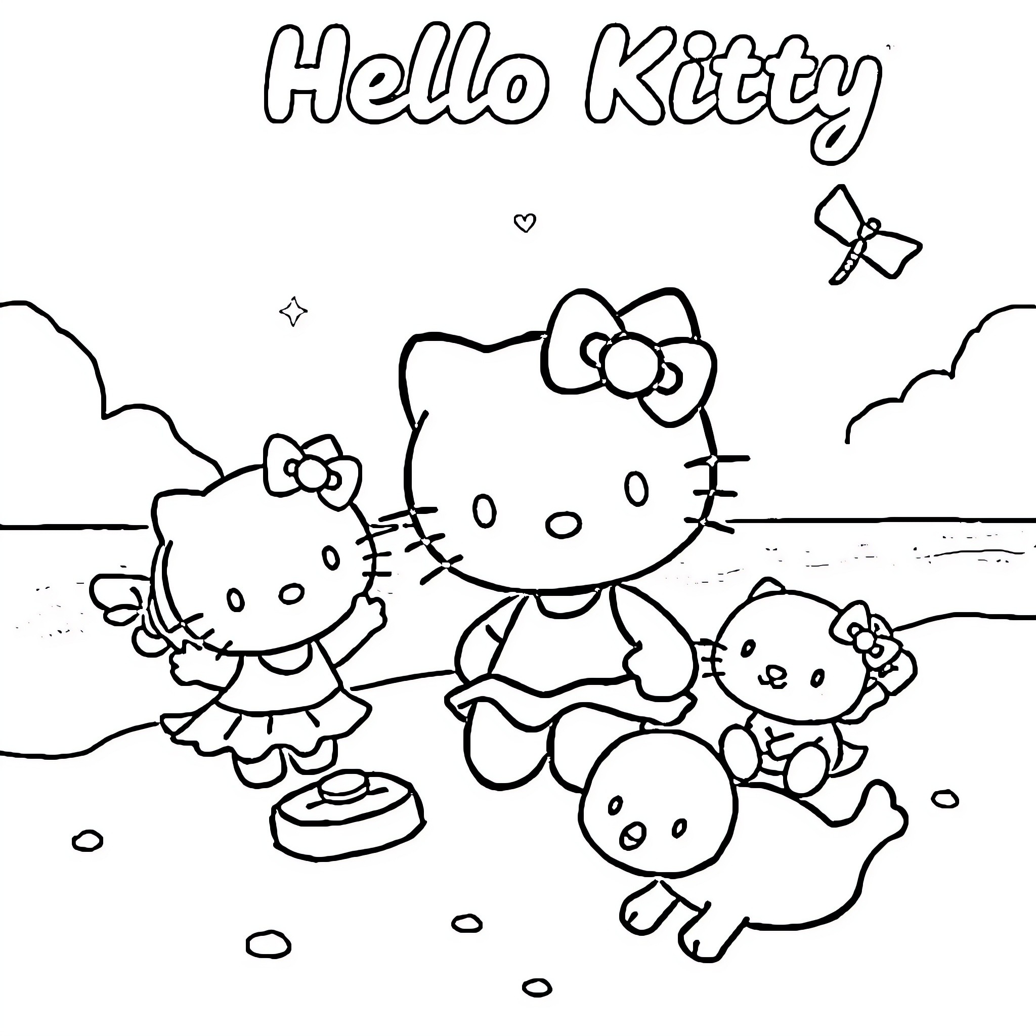 Hello Kitty and Friends Enjoying the Outdoors Coloring Page (free black-and-white line drawing printable PDF for all, from beginners to advanced learners, including children, teens, adults, and seniors)