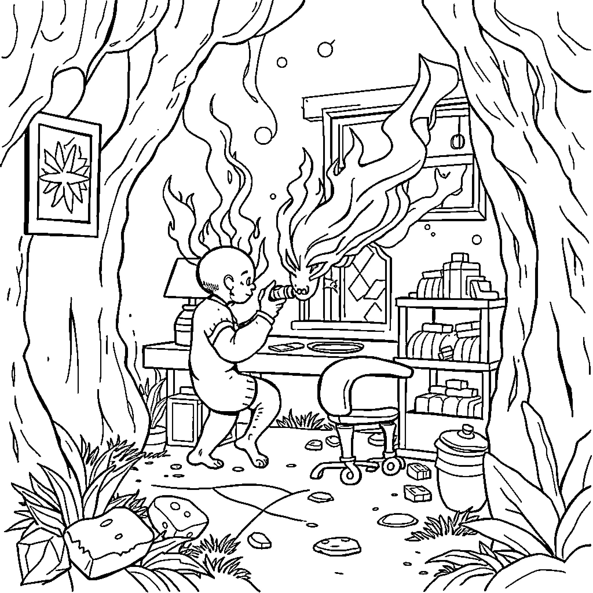 Game of Fire and Mischief in the Forest Coloring Page (free black-and-white line drawing printable PDF for all, from beginners to advanced learners, including children, teens, adults, and seniors)