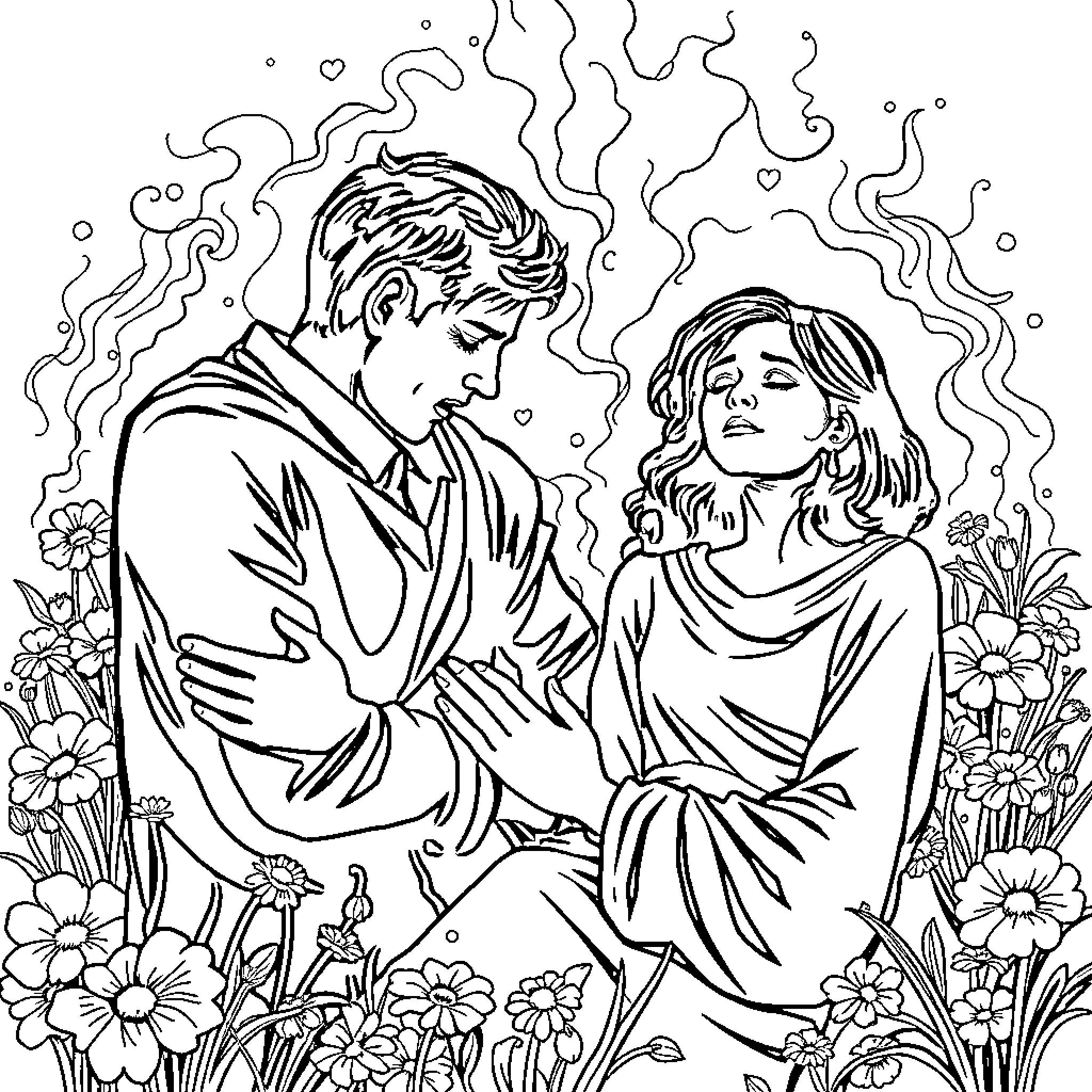 Husband and wife in romantic embrace surrounded by nature Coloring Page (free black-and-white line drawing printable PDF for all, from beginners to advanced learners, including children, teens, adults, and seniors)