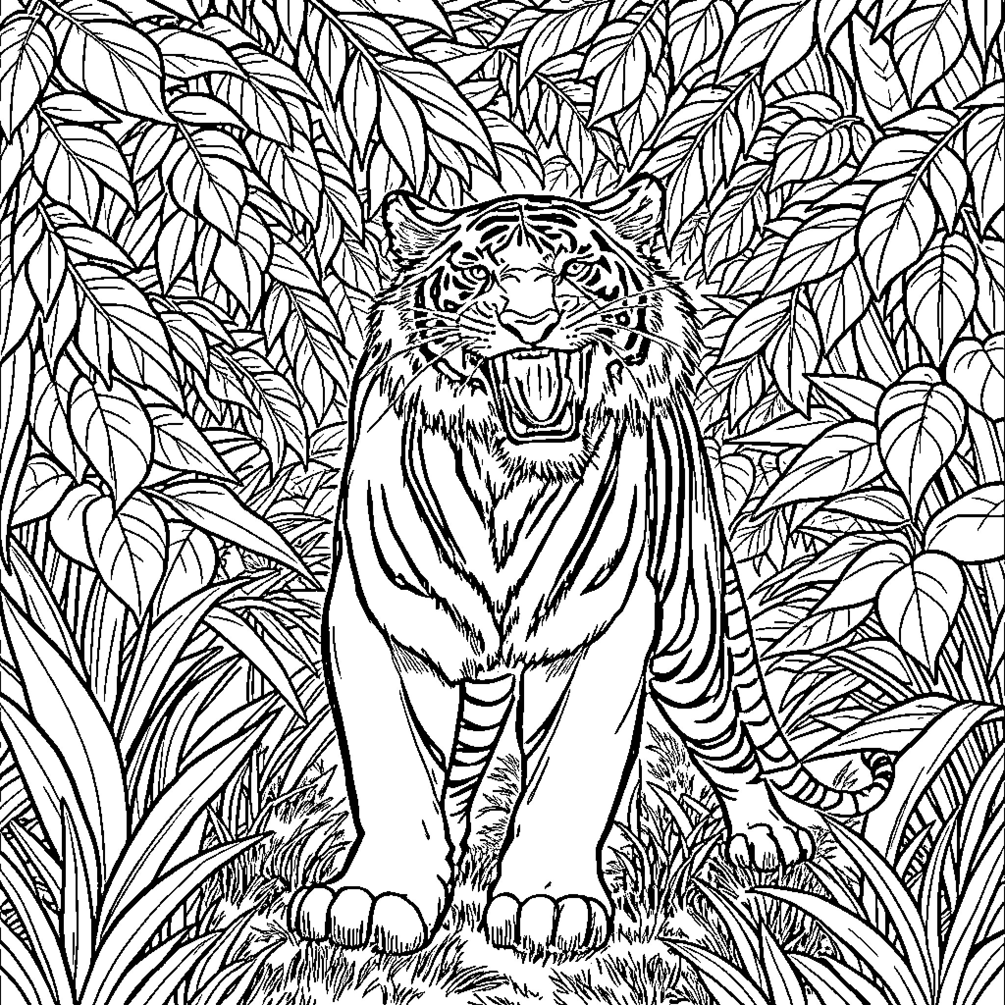 Tiger Roaring Amidst Lush Foliage Coloring Page (free black-and-white line drawing printable PDF for all, from beginners to advanced learners, including children, teens, adults, and seniors)