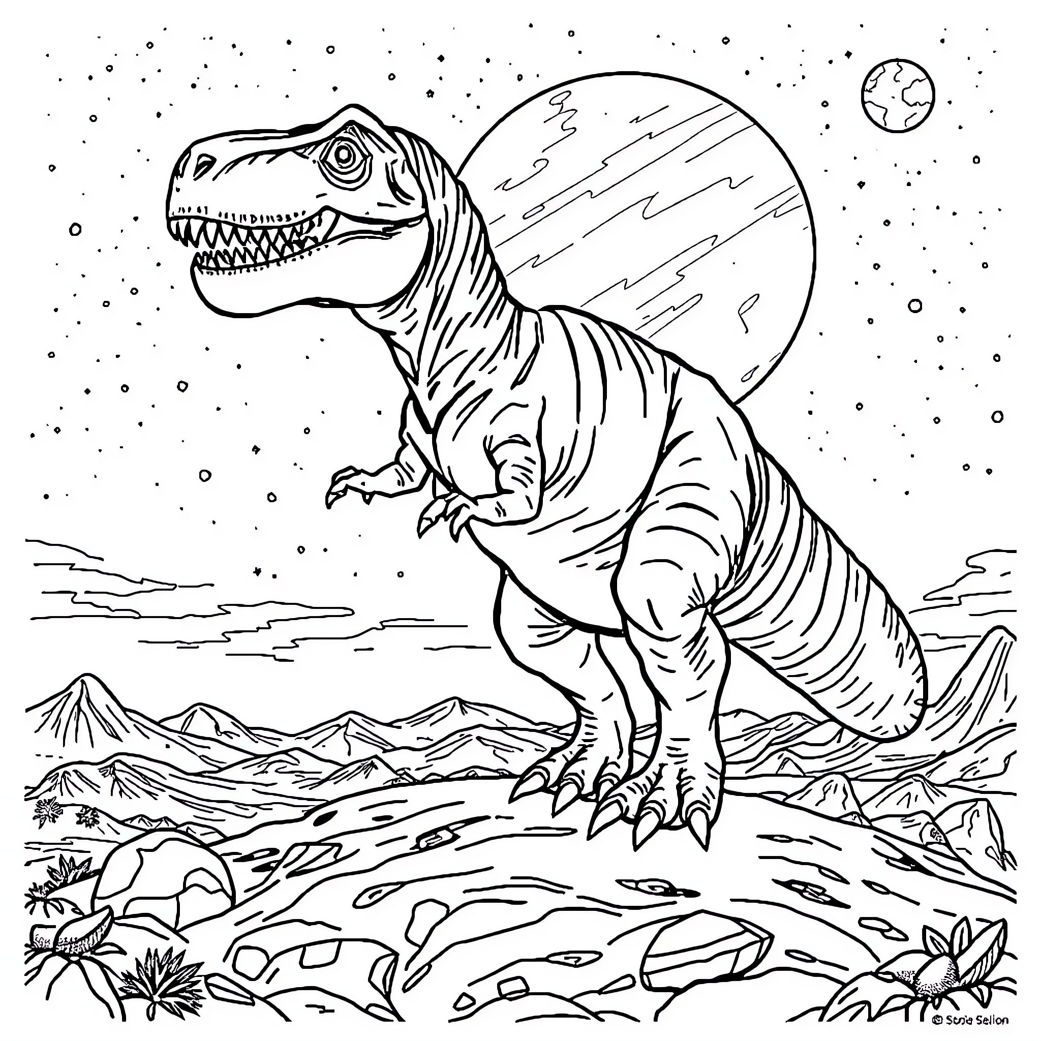 T-Rex Roaring Amidst Cosmic Landscape Coloring Page (free black-and-white line drawing printable PDF for all, from beginners to advanced learners, including children, teens, adults, and seniors)