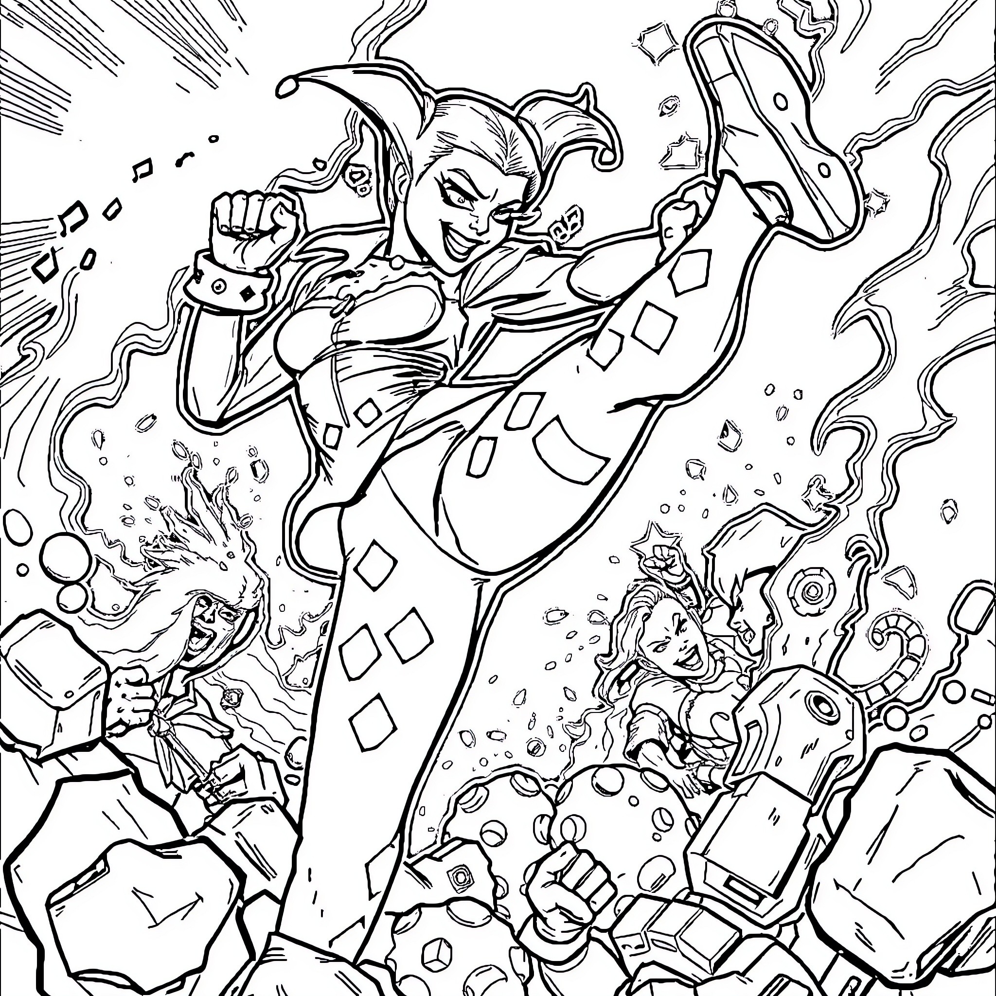 Harley Quinn's Chaotic Adventure in Gotham City Coloring Page (free black-and-white line drawing printable PDF for all, from beginners to advanced learners, including children, teens, adults, and seniors)