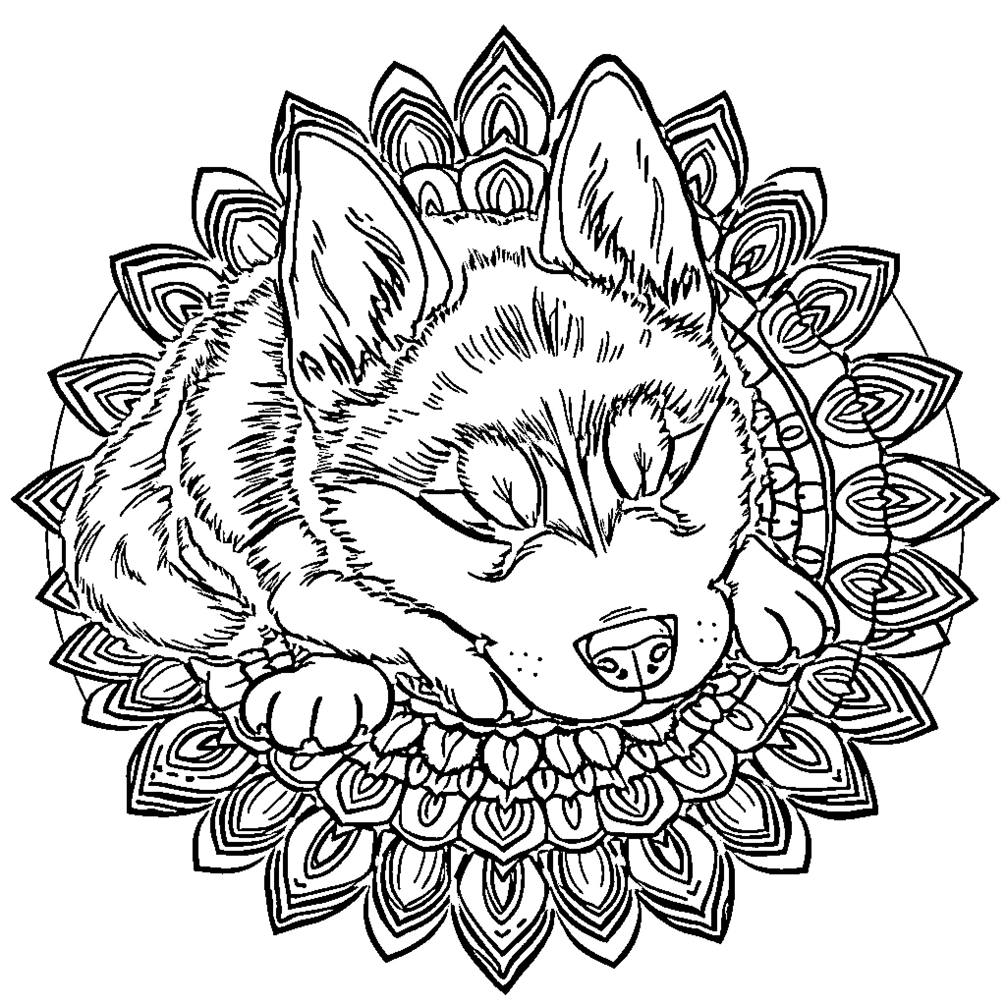 Husky surrounded by intricate floral patterns Coloring Page (free black-and-white line drawing printable PDF for all, from beginners to advanced learners, including children, teens, adults, and seniors)