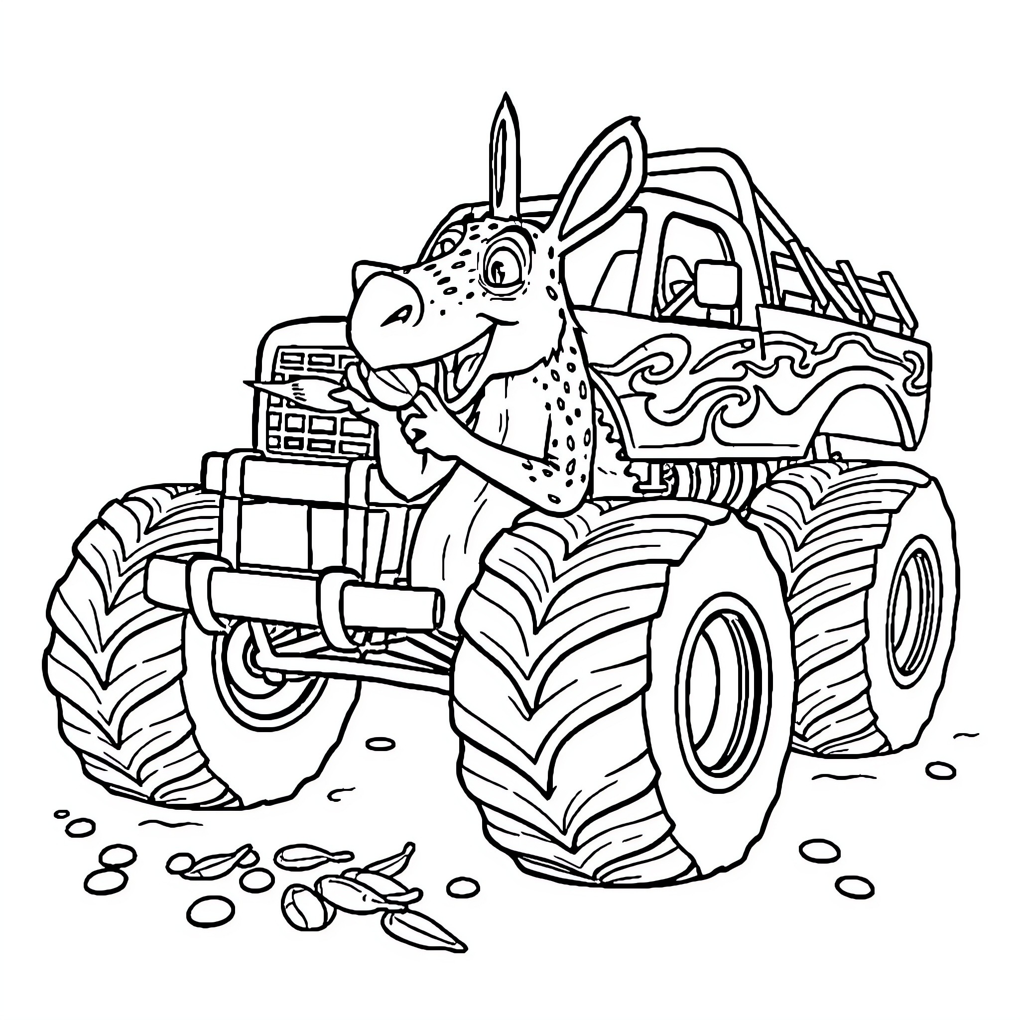 Aardvark driving a monster truck on rugged terrain Coloring Page (free black-and-white line drawing printable PDF for all, from beginners to advanced learners, including children, teens, adults, and seniors)