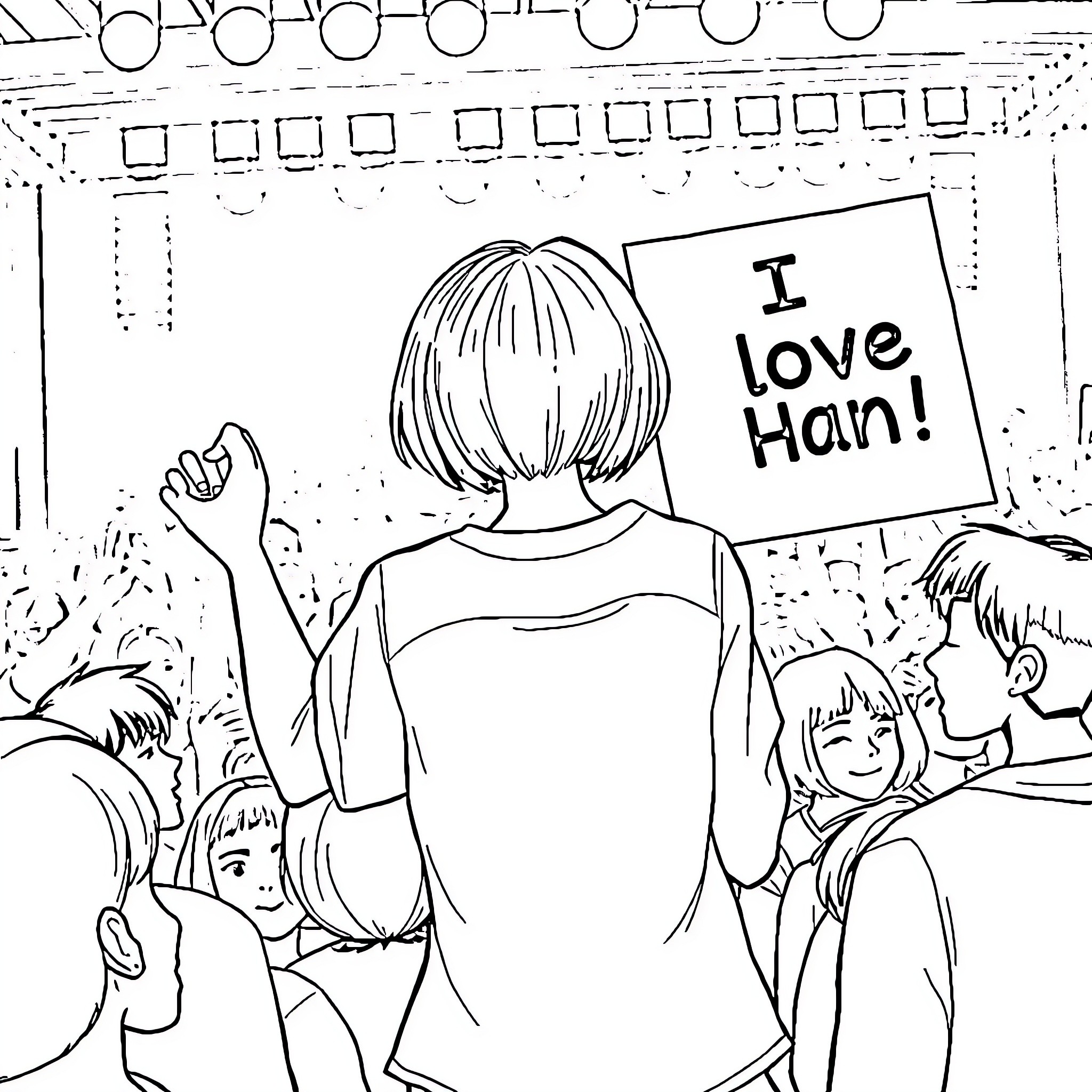 Girl holding sign declaring her love for someone Coloring Page (free black-and-white line drawing printable PDF for all, from beginners to advanced learners, including children, teens, adults, and seniors)
