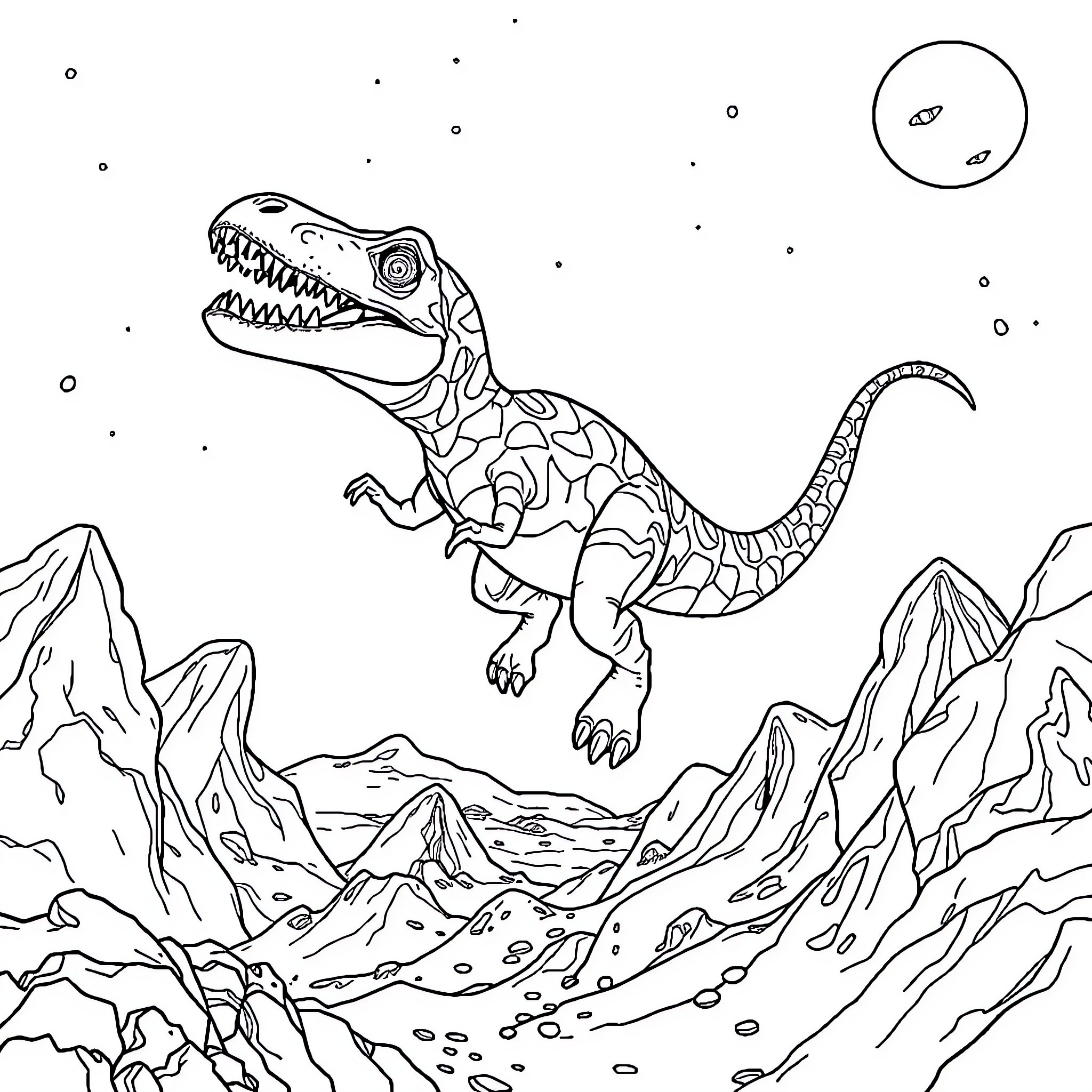 Dinosaur roaming through rugged mountains at night Coloring Page (free black-and-white line drawing printable PDF for all, from beginners to advanced learners, including children, teens, adults, and seniors)