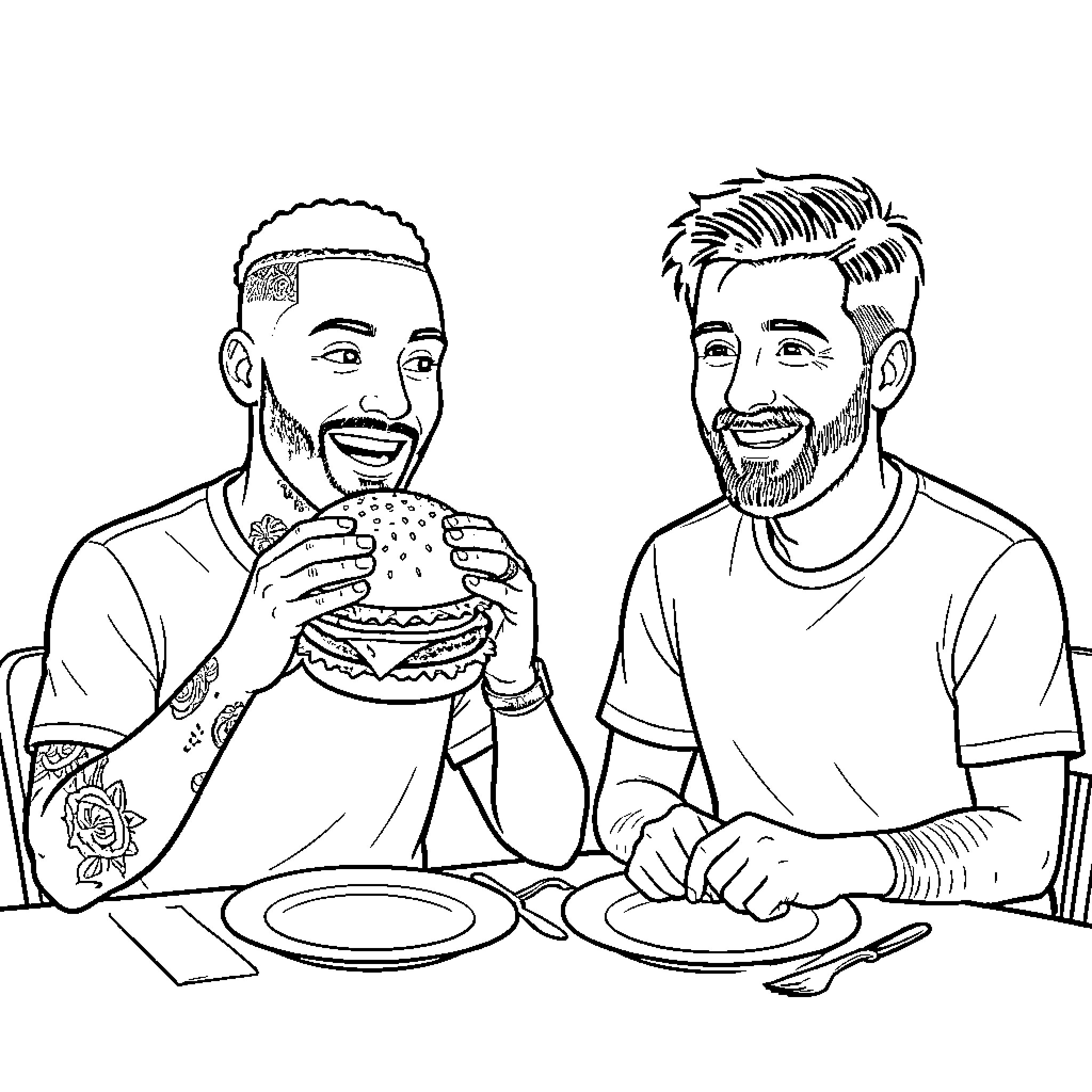 Neymar smiling while holding a large burger at a table Coloring Page (free black-and-white line drawing printable PDF for all, from beginners to advanced learners, including children, teens, adults, and seniors)