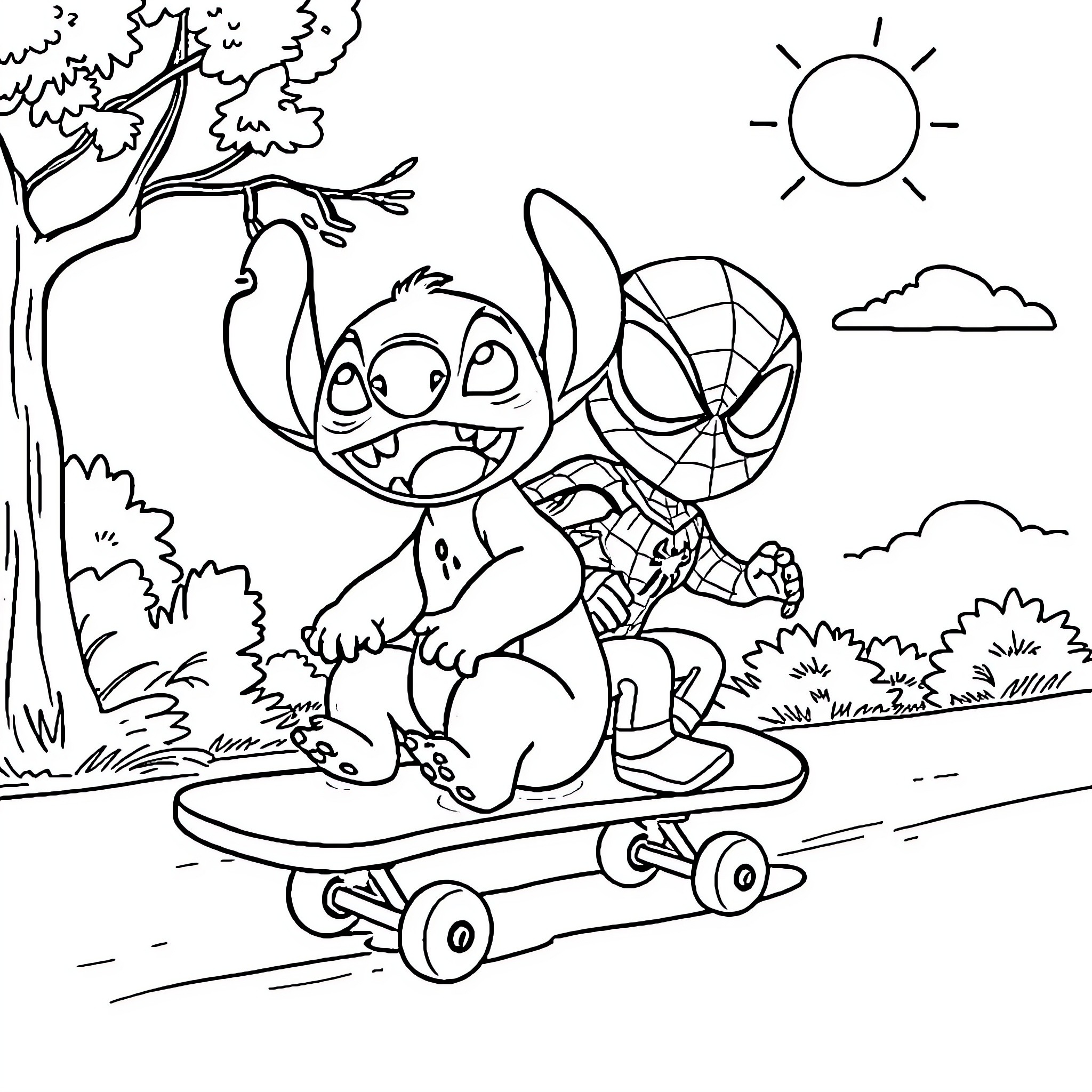 Skateboard with cartoon characters in a nature scene Coloring Page (free black-and-white line drawing printable PDF for all, from beginners to advanced learners, including children, teens, adults, and seniors)