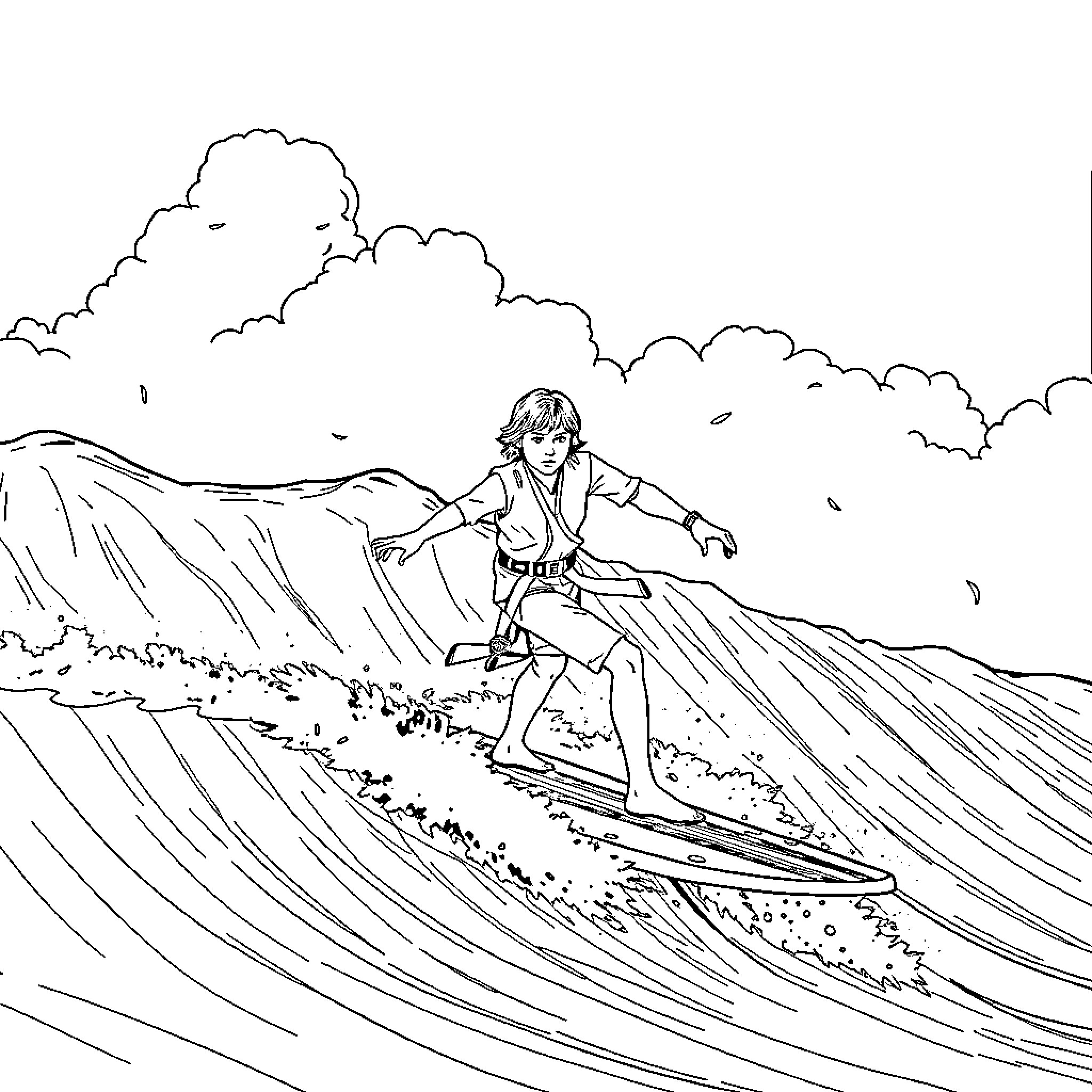 Luke Skywalker riding a wave with determination Coloring Page (free black-and-white line drawing printable PDF for all, from beginners to advanced learners, including children, teens, adults, and seniors)