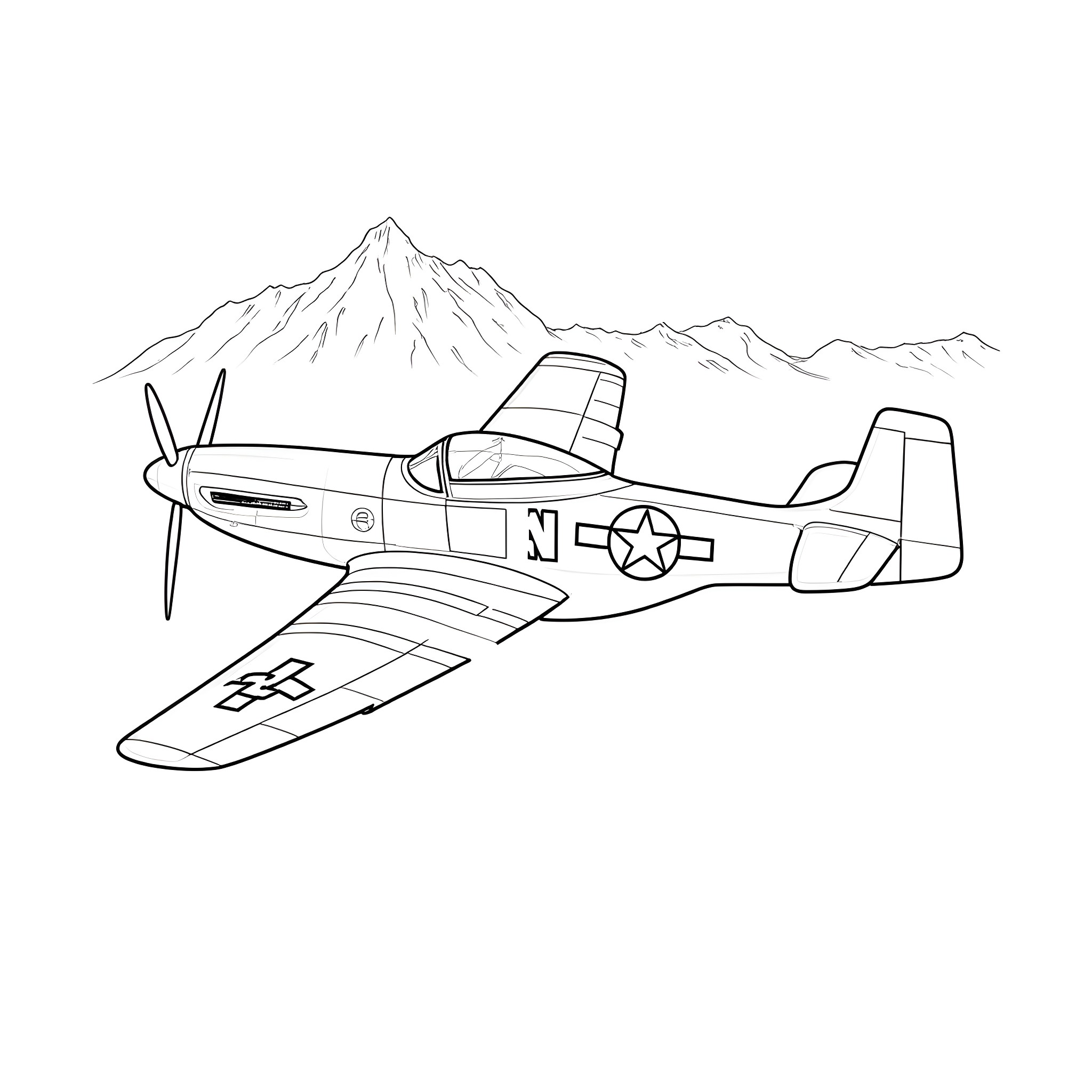 P-51 fighter plane soaring over mountain range Coloring Page (free black-and-white line drawing printable PDF for all, from beginners to advanced learners, including children, teens, adults, and seniors)