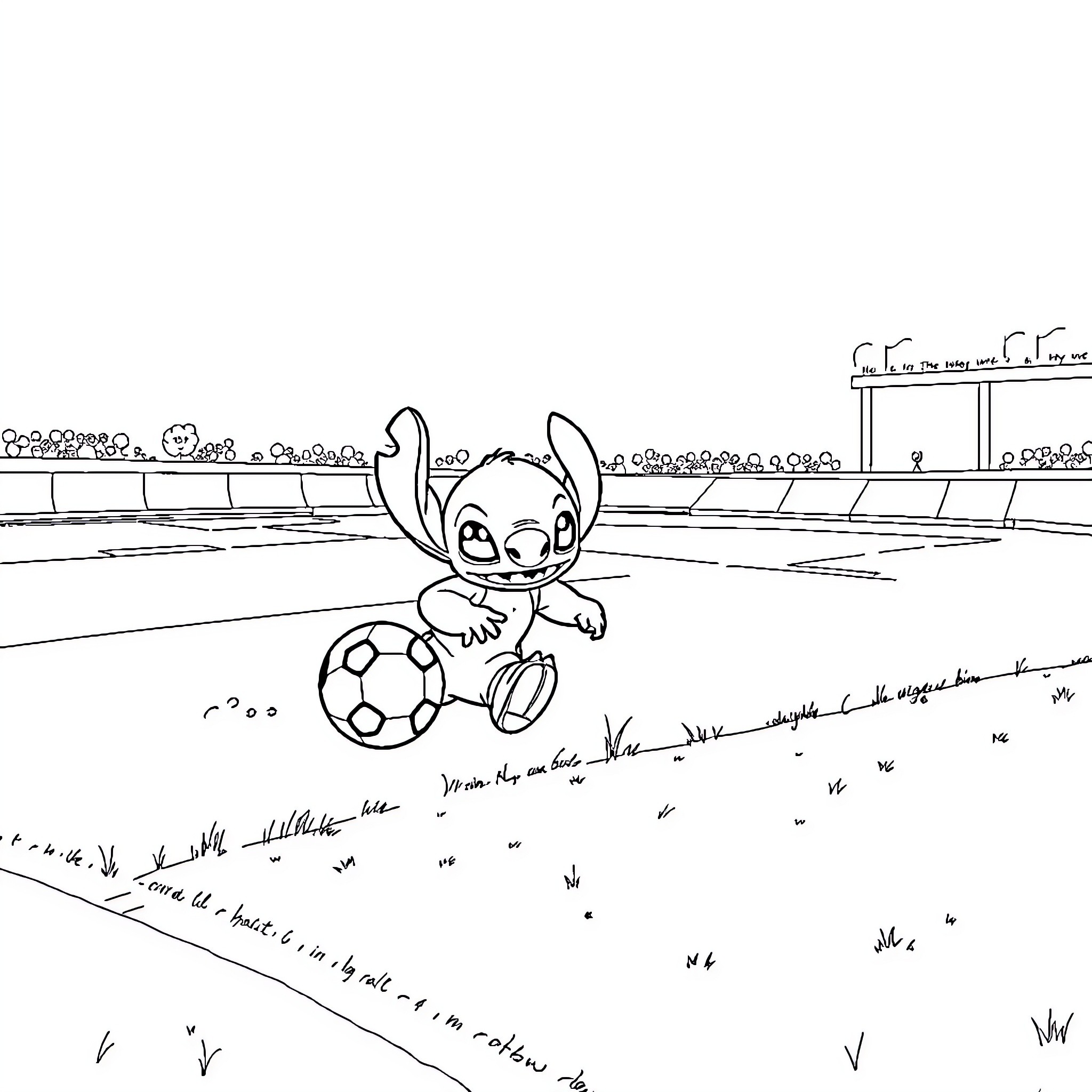 Stitch Playing Soccer Happily on the Field Coloring Page (free black-and-white line drawing printable PDF for all, from beginners to advanced learners, including children, teens, adults, and seniors)