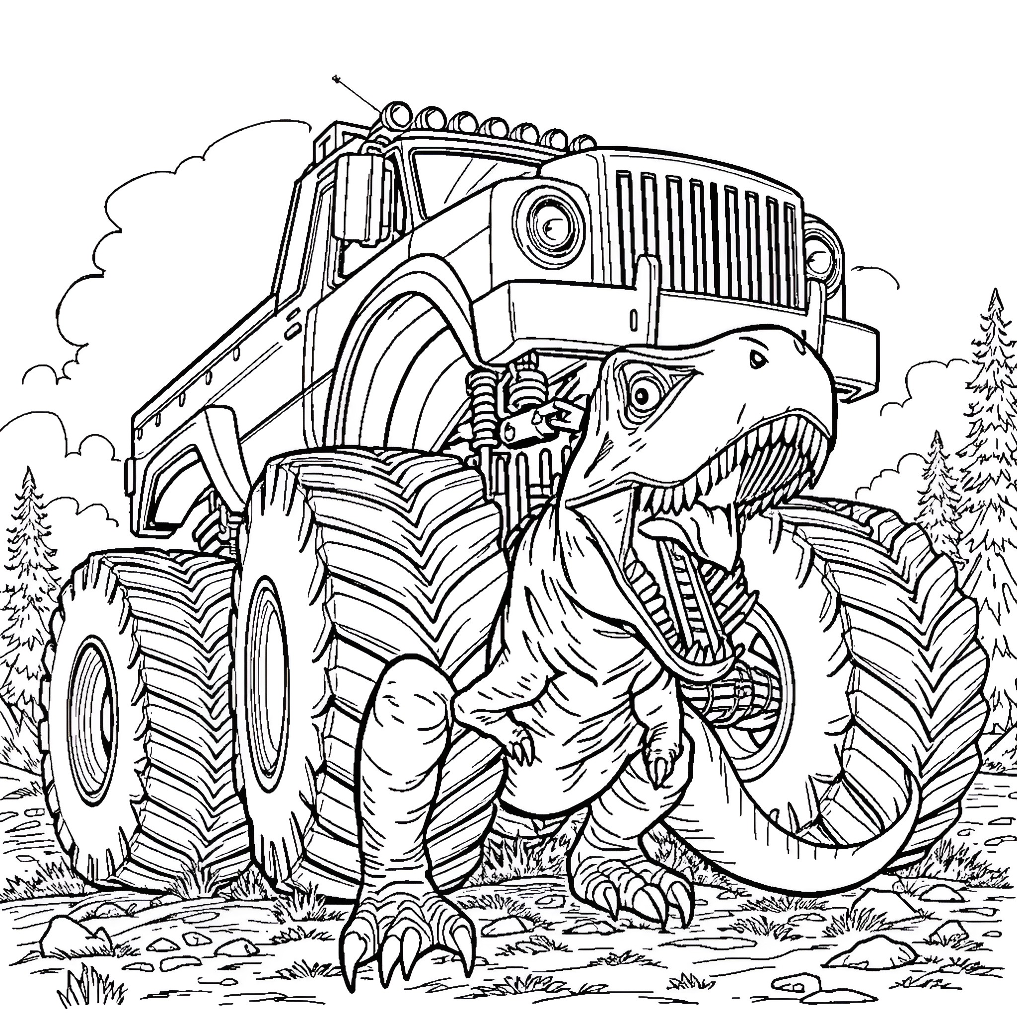 Monster Truck Crushing Tyrannosaurus Rex in the Wild Coloring Page (free black-and-white line drawing printable PDF for all, from beginners to advanced learners, including children, teens, adults, and seniors)