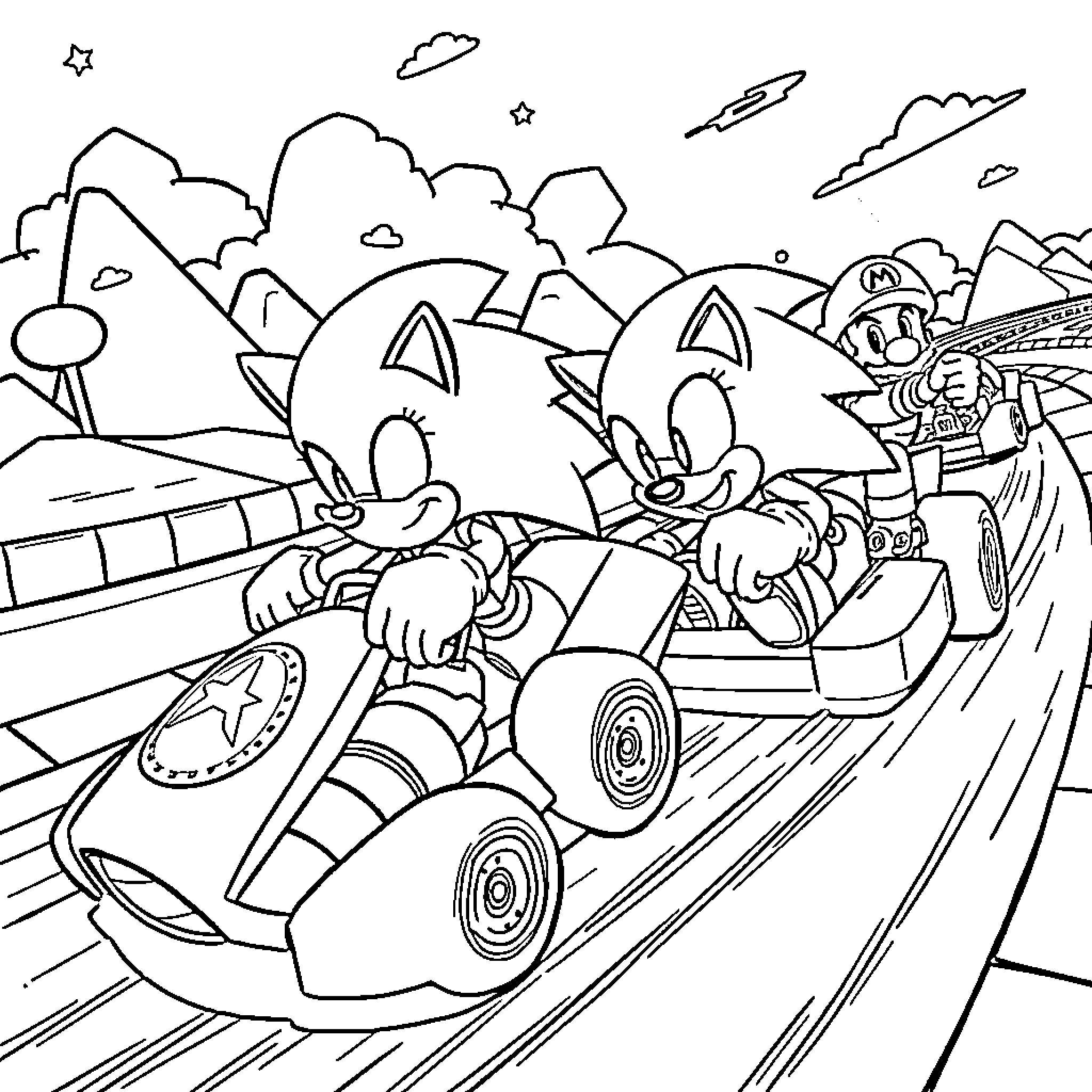 Sonic and friends racing in colorful karts Coloring Page (free black-and-white line drawing printable PDF for all, from beginners to advanced learners, including children, teens, adults, and seniors)