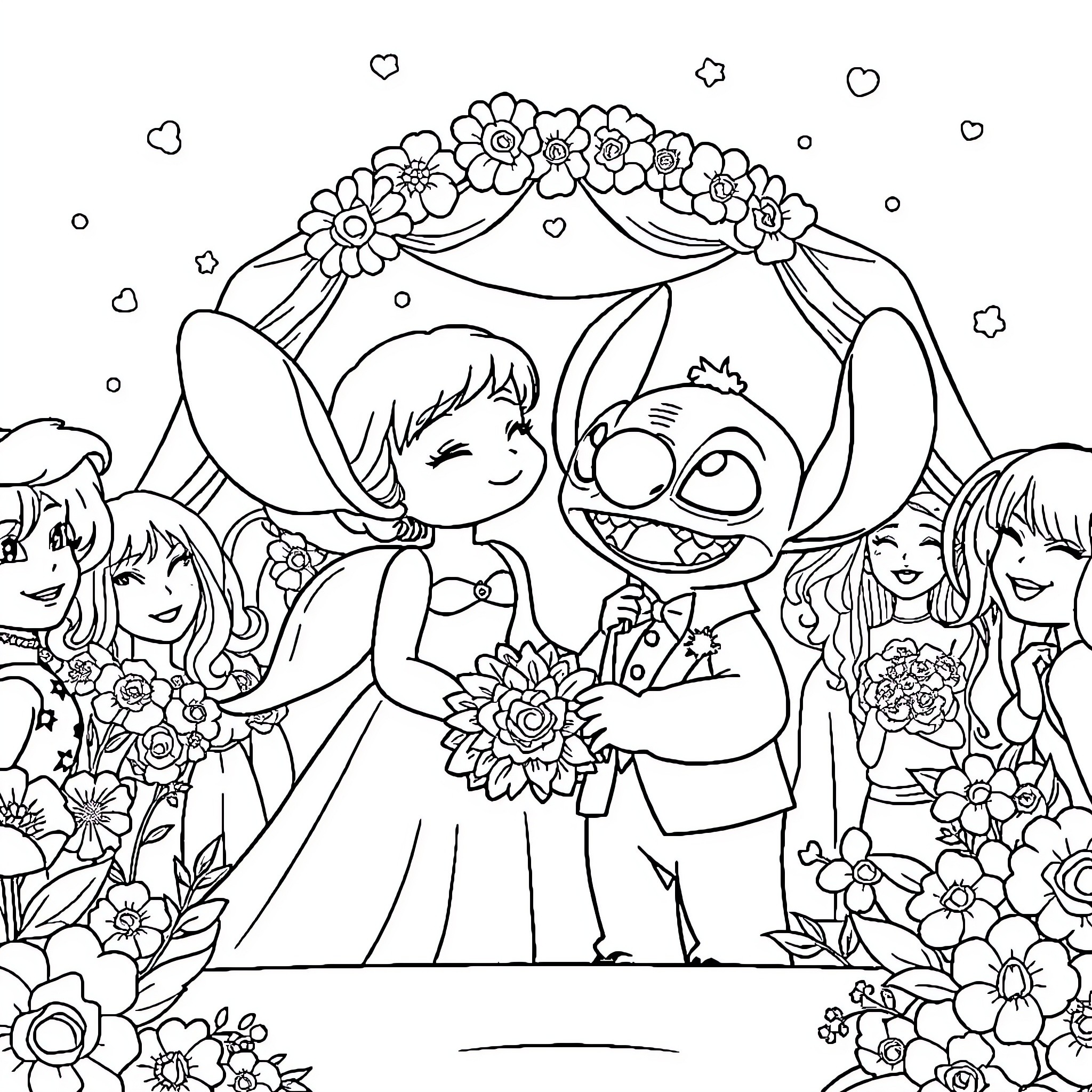 Angel Wedding Celebration with Beloved Companions Coloring Page (free black-and-white line drawing printable PDF for all, from beginners to advanced learners, including children, teens, adults, and seniors)