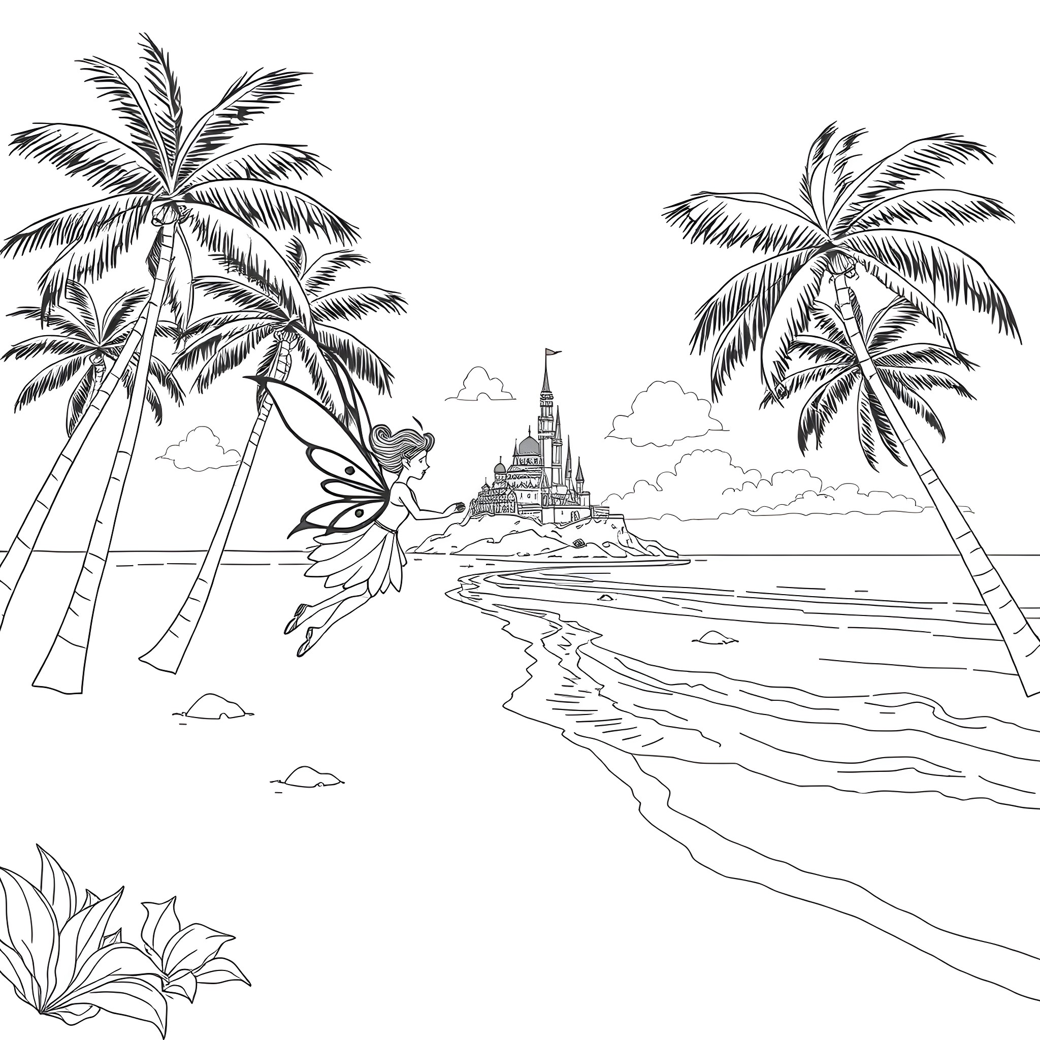 Fairy in a Tropical Paradise Coloring Page (free black-and-white line drawing printable PDF for all, from beginners to advanced learners, including children, teens, adults, and seniors)