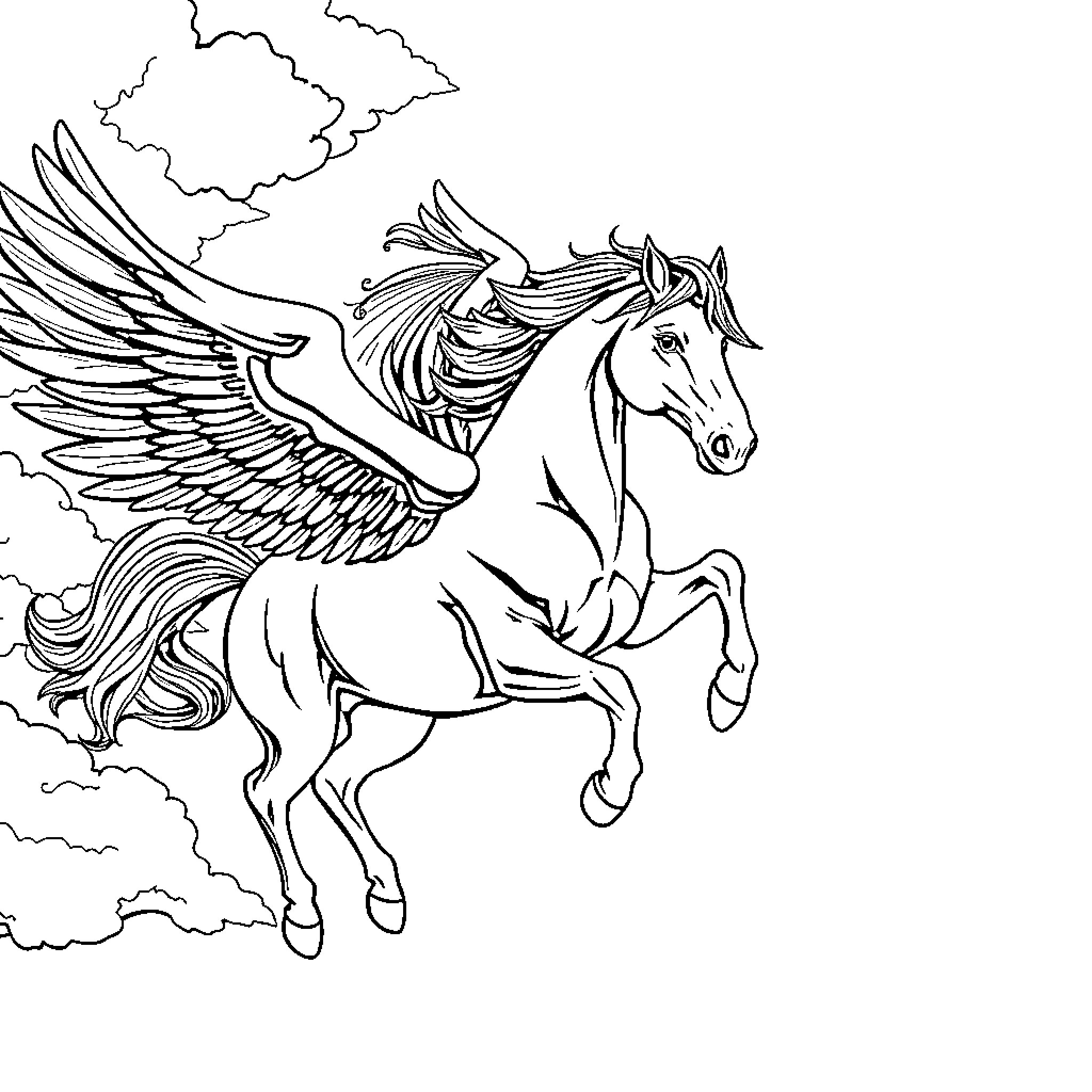 Pegasus soaring through the clouds Coloring Page (free black-and-white line drawing printable PDF for all, from beginners to advanced learners, including children, teens, adults, and seniors)