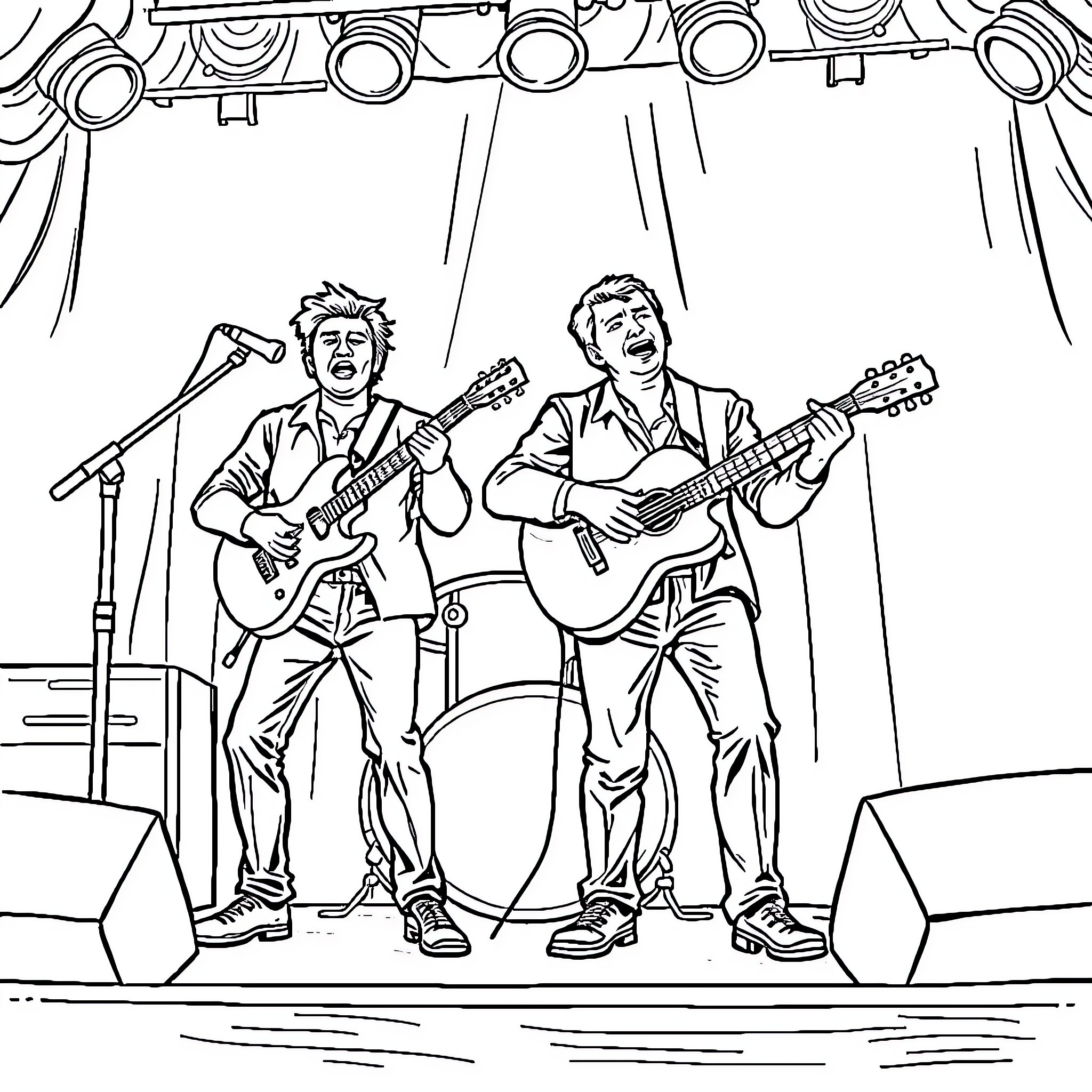 Mates of State Performing on Stage Coloring Page (free black-and-white line drawing printable PDF for all, from beginners to advanced learners, including children, teens, adults, and seniors)