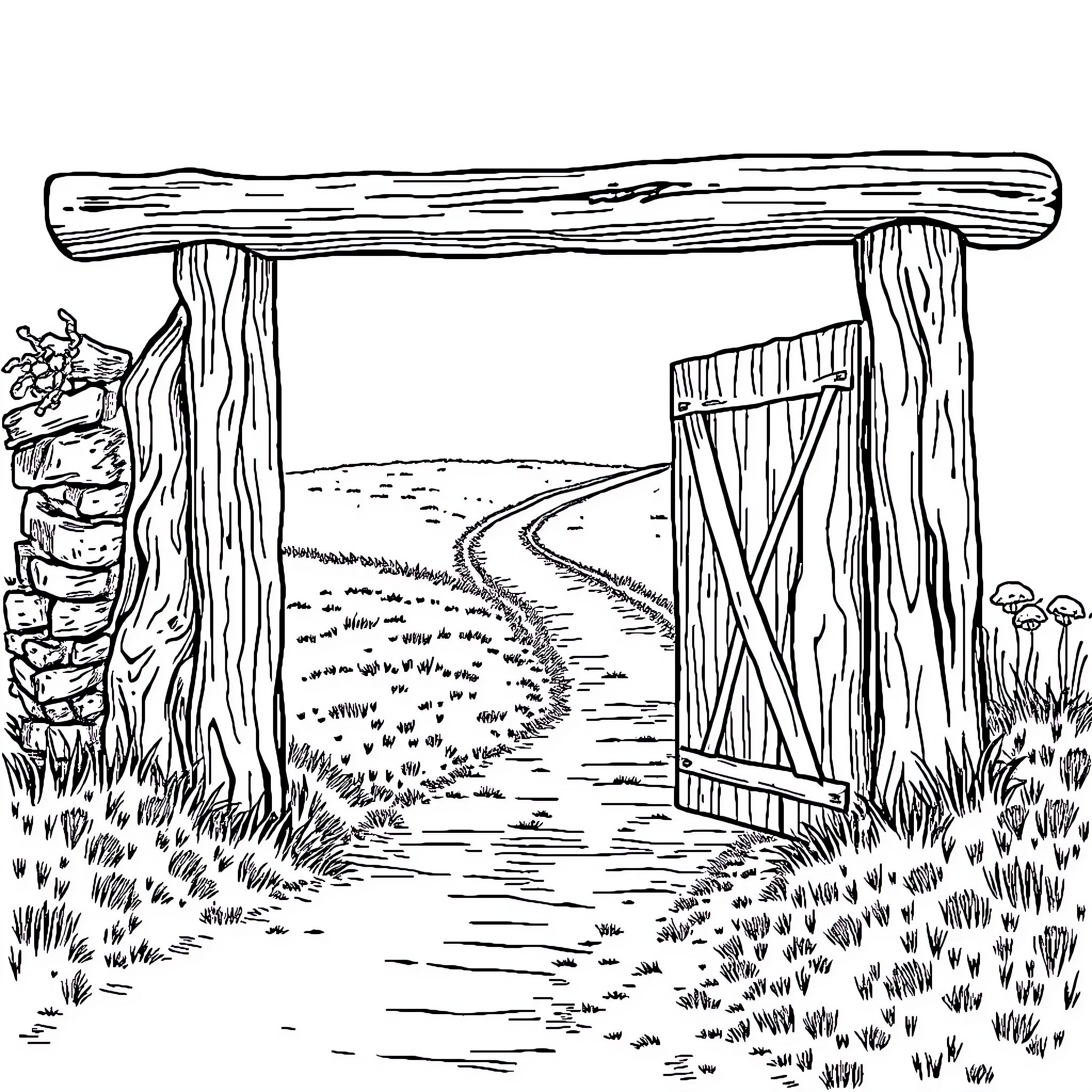 Gate to a Serene Woodland Path Coloring Page (free black-and-white line drawing printable PDF for all, from beginners to advanced learners, including children, teens, adults, and seniors)