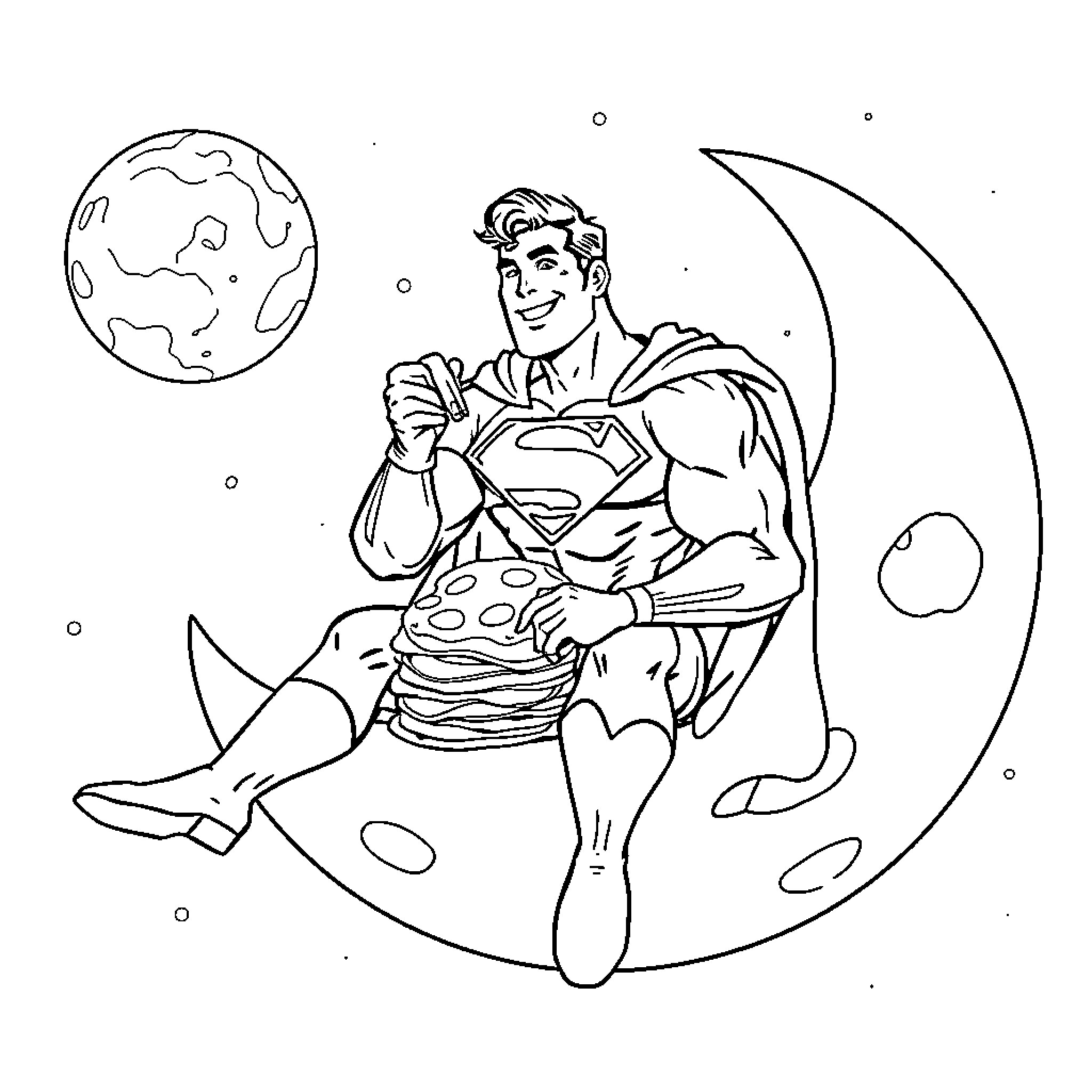 Superman enjoying a cosmic picnic in space Coloring Page (free black-and-white line drawing printable PDF for all, from beginners to advanced learners, including children, teens, adults, and seniors)