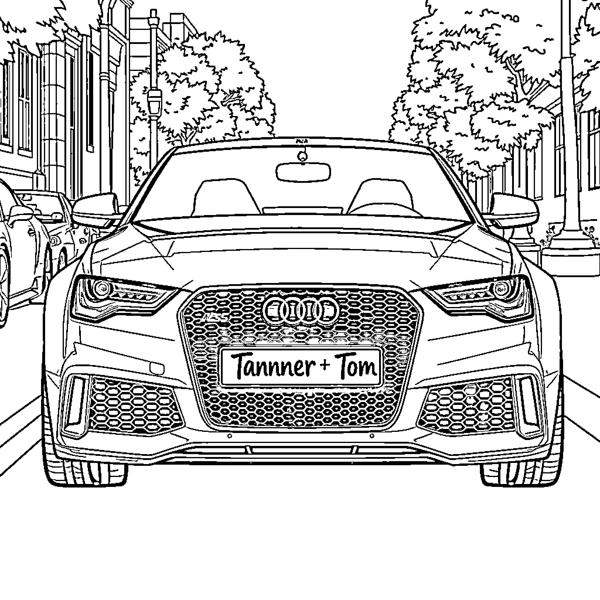 Audi RS6 in front of city buildings and trees Coloring Page (free black-and-white line drawing printable PDF for all, from beginners to advanced learners, including children, teens, adults, and seniors)