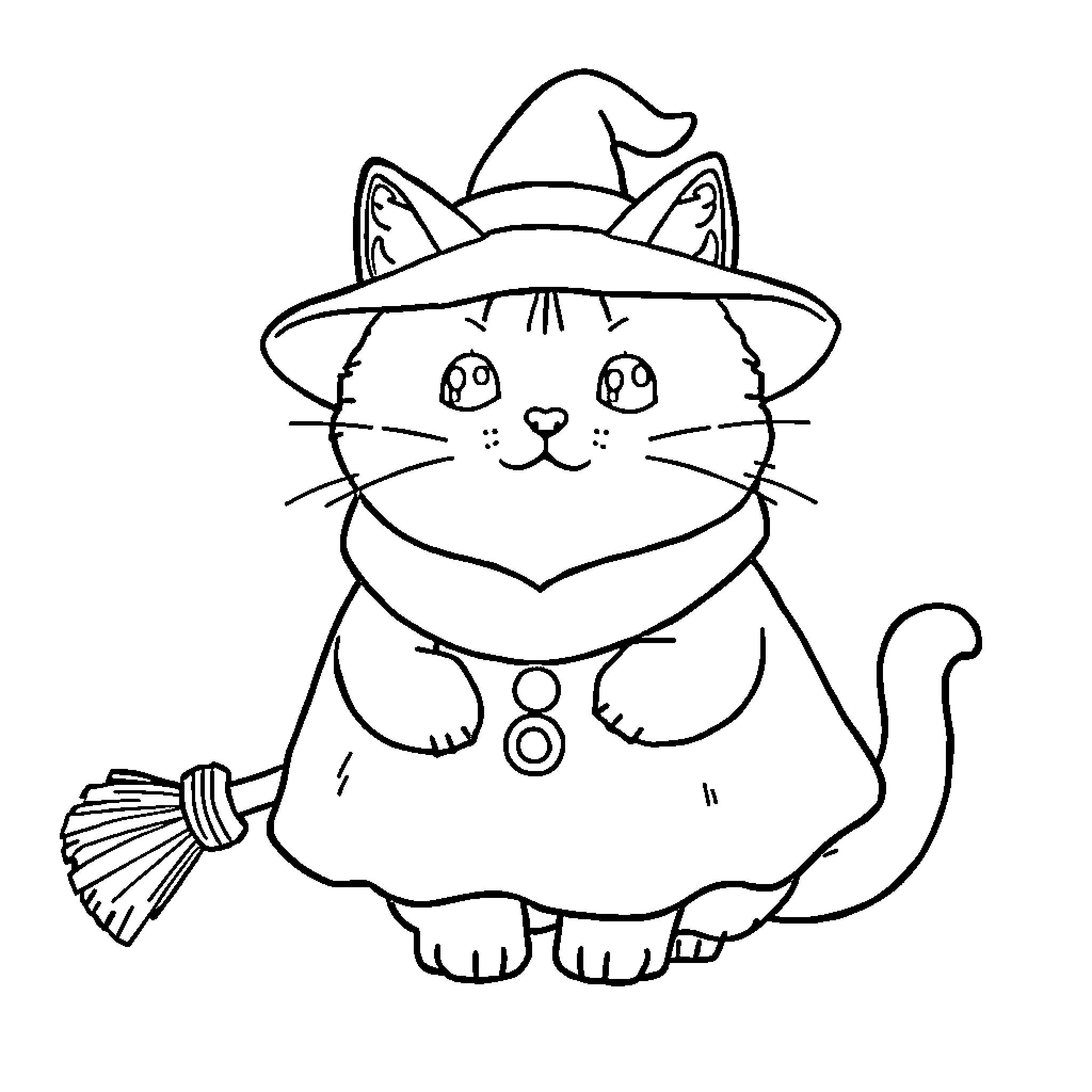 Pusheen the Witch Cat with Broom Coloring Page (free black-and-white line drawing printable PDF for all, from beginners to advanced learners, including children, teens, adults, and seniors)
