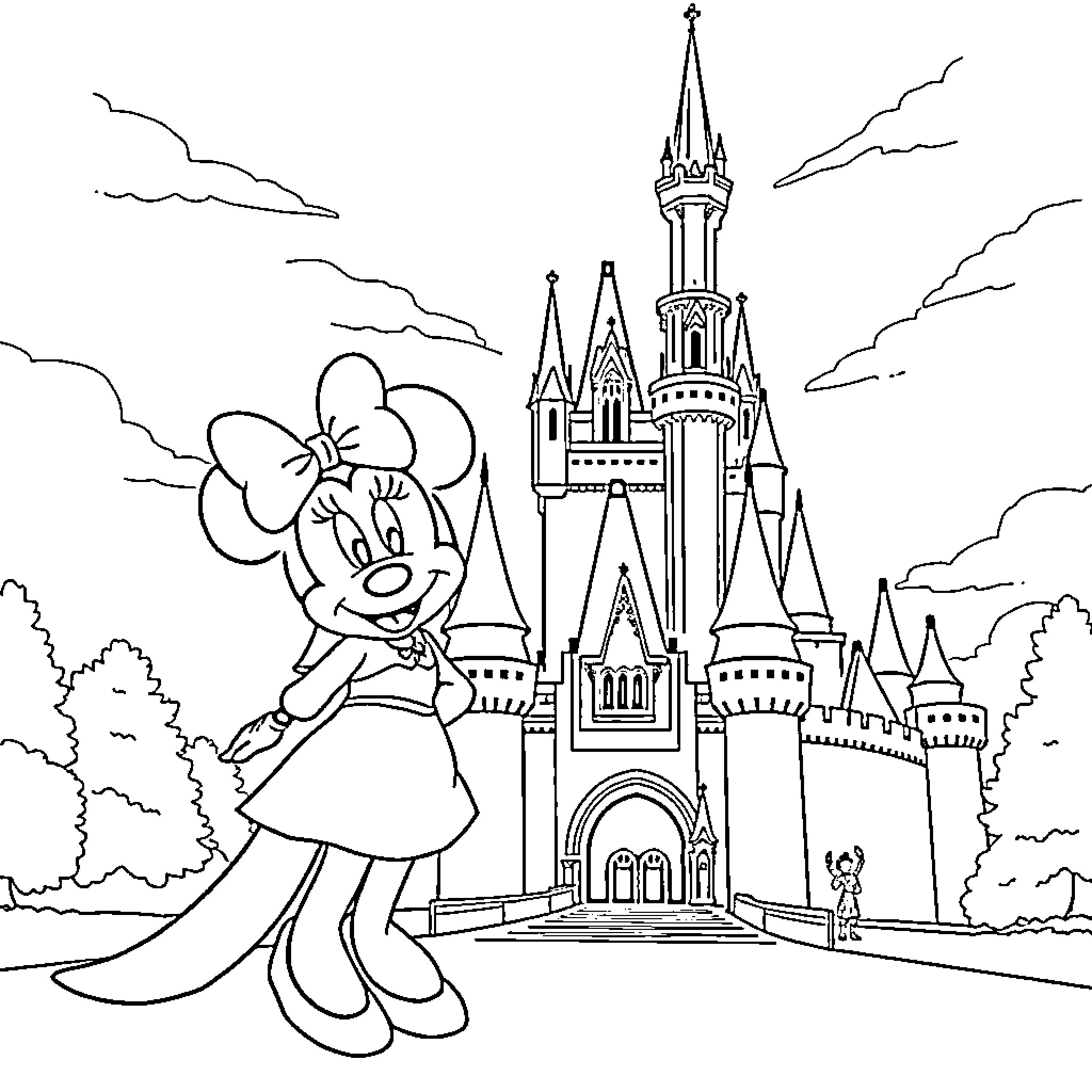 Minnie smiling in front of a magical castle Coloring Page (free black-and-white line drawing printable PDF for all, from beginners to advanced learners, including children, teens, adults, and seniors)