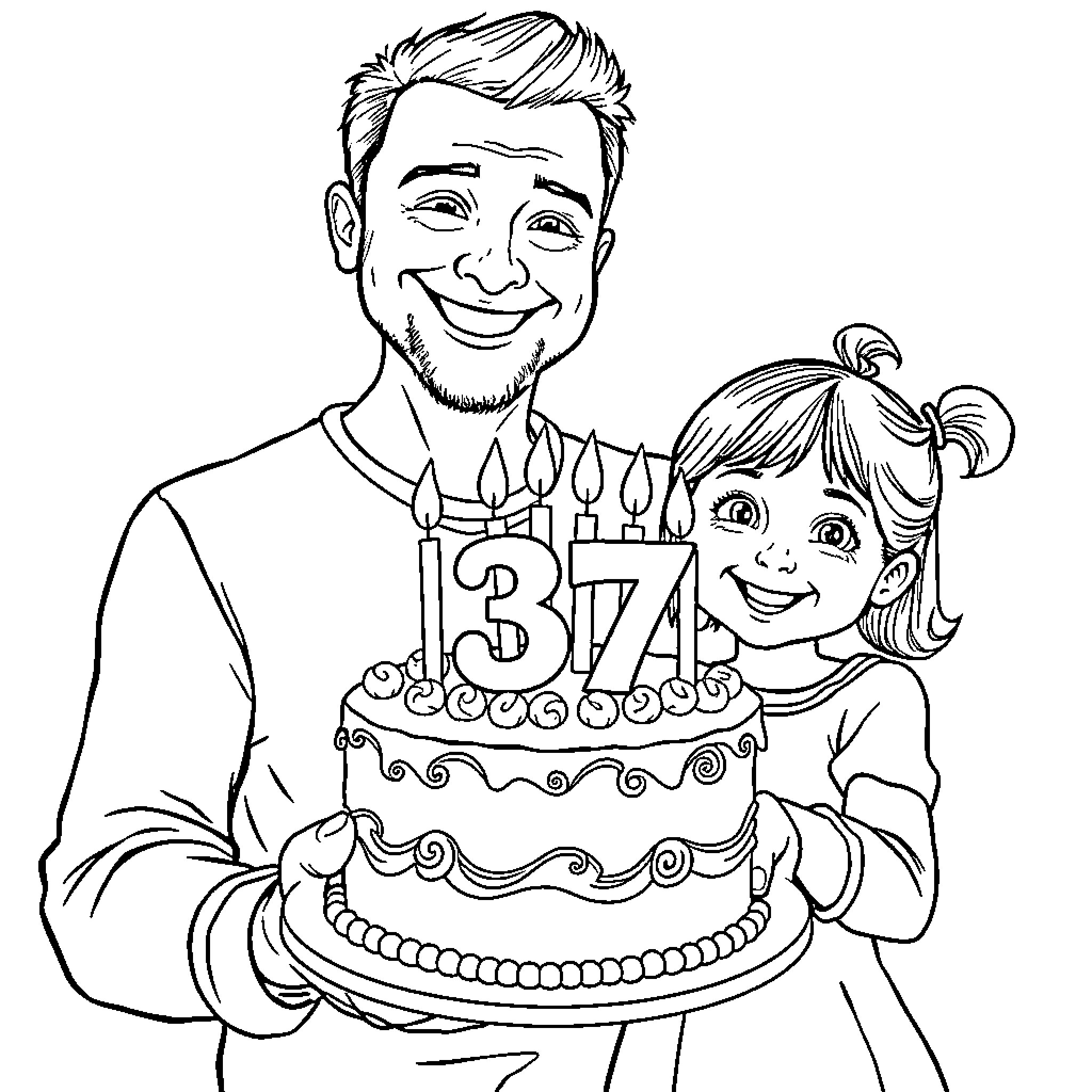 Birthday Cake Celebration with Loved Ones Coloring Page (free black-and-white line drawing printable PDF for all, from beginners to advanced learners, including children, teens, adults, and seniors)