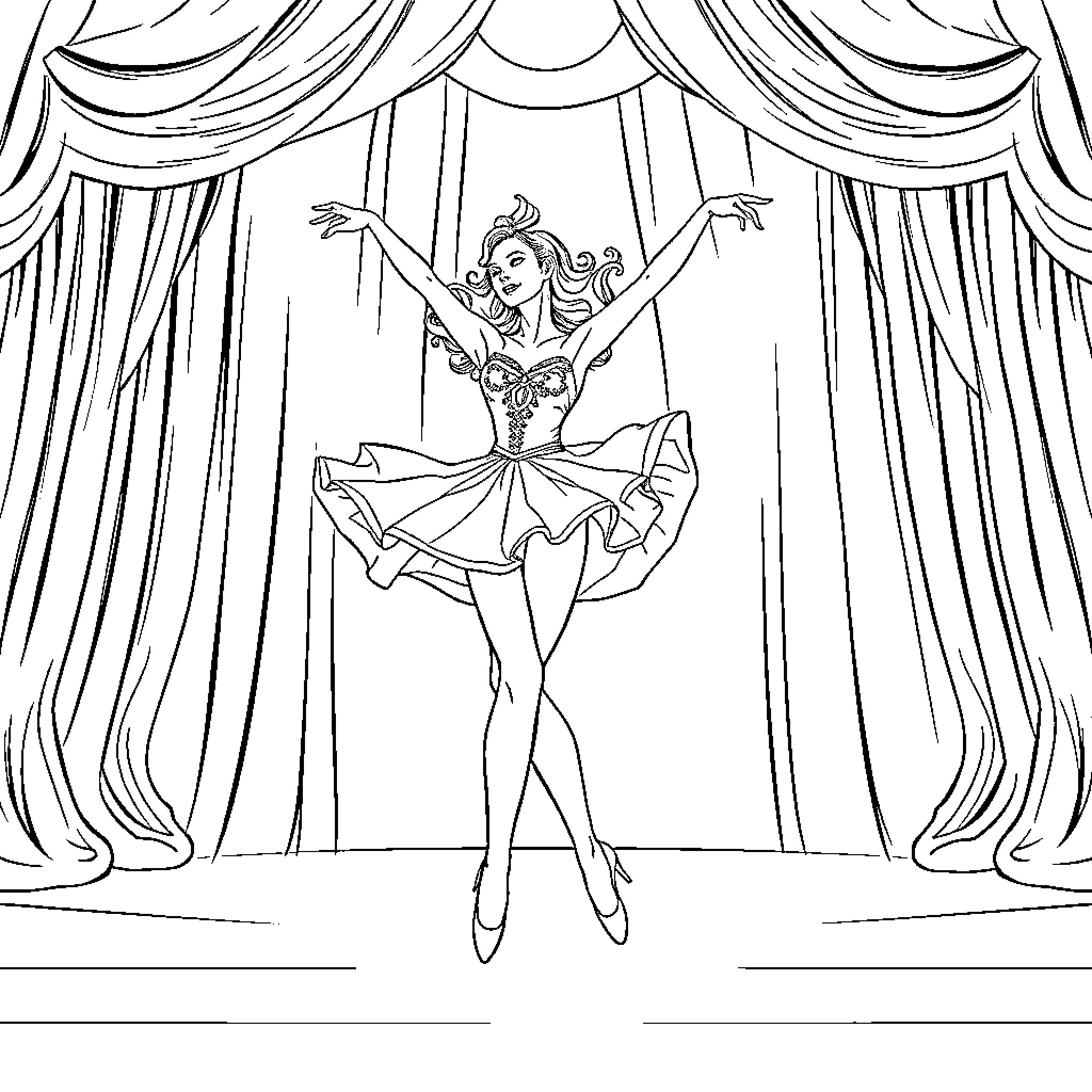 Dancer performing graceful ballet on stage Coloring Page (free black-and-white line drawing printable PDF for all, from beginners to advanced learners, including children, teens, adults, and seniors)