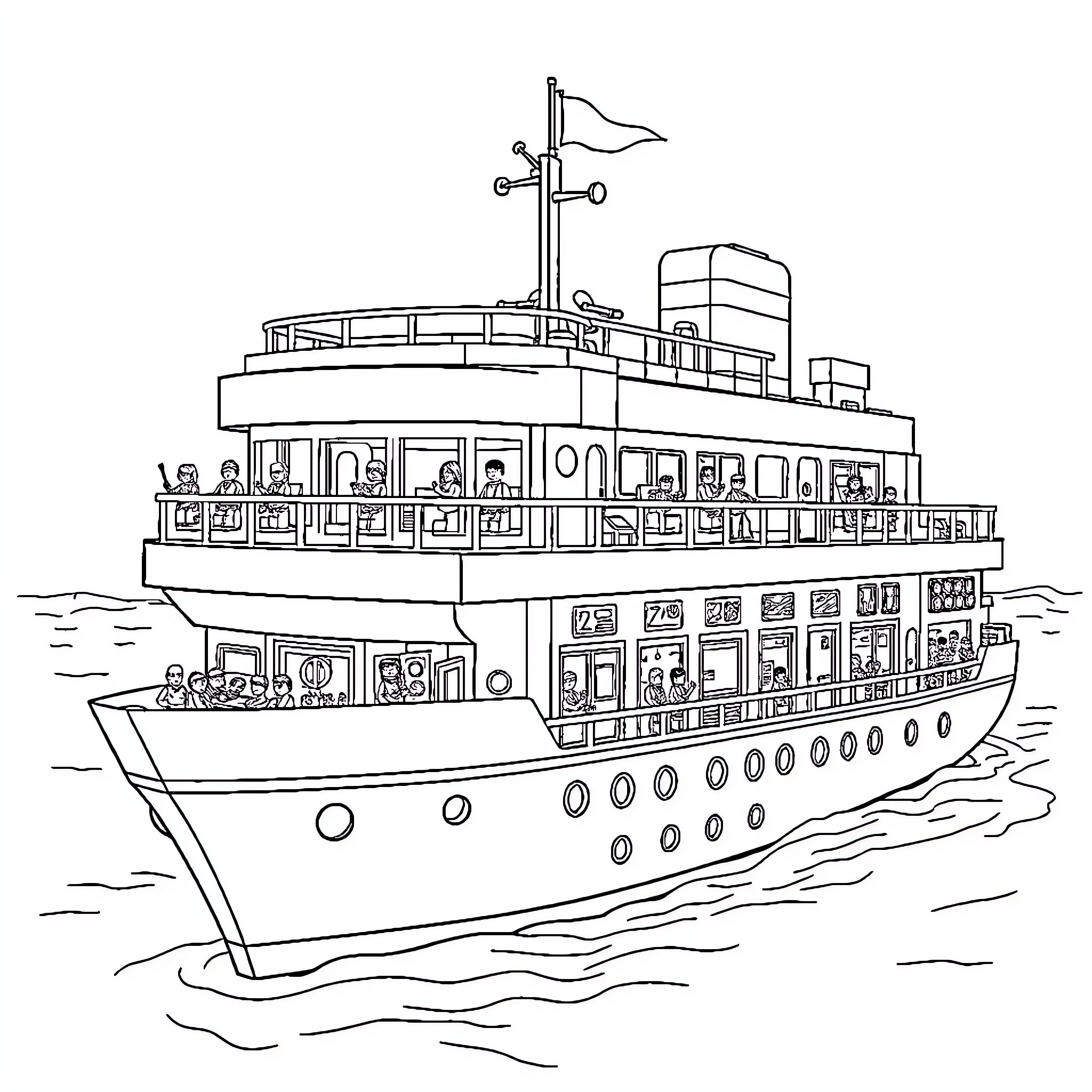 Lego ferry boat transporting passengers Coloring Page (free black-and-white line drawing printable PDF for all, from beginners to advanced learners, including children, teens, adults, and seniors)