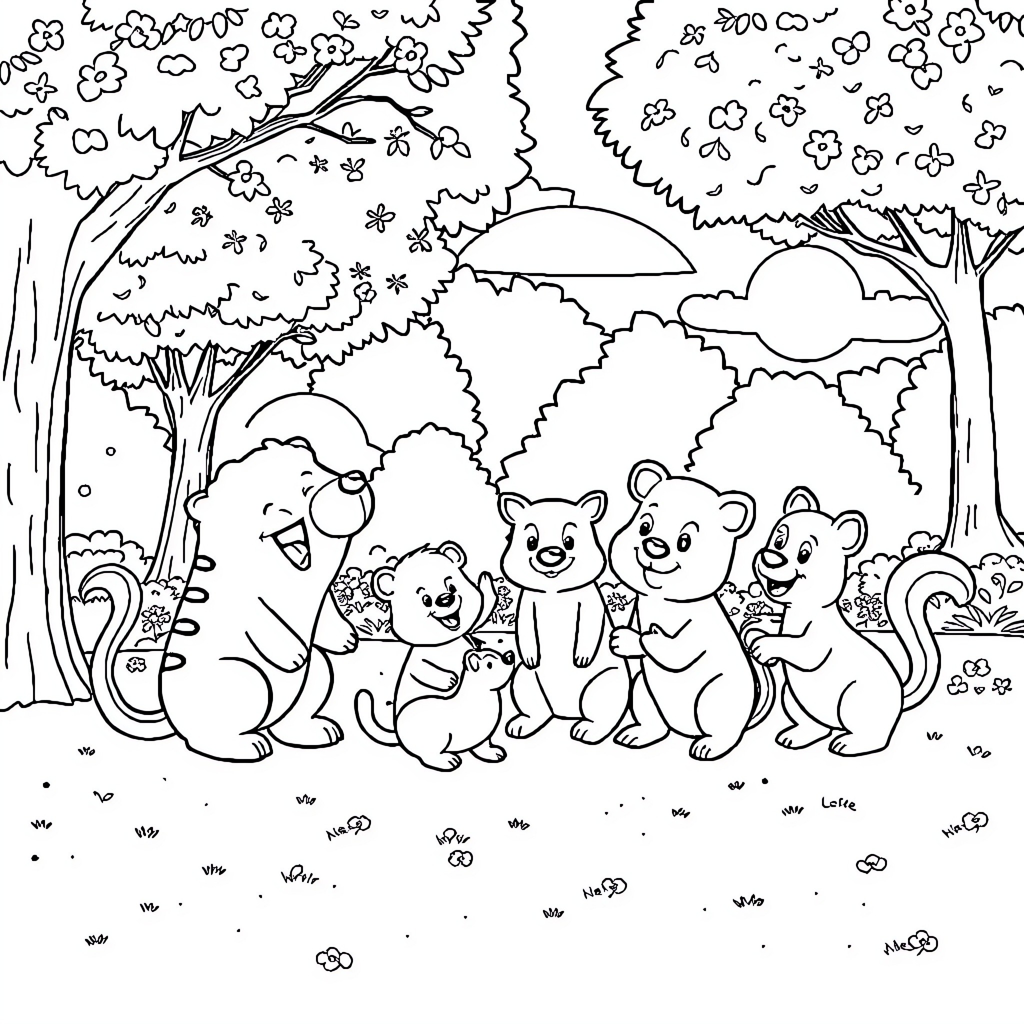Animal Friends Playing in the Forest Coloring Page (free black-and-white line drawing printable PDF for all, from beginners to advanced learners, including children, teens, adults, and seniors)