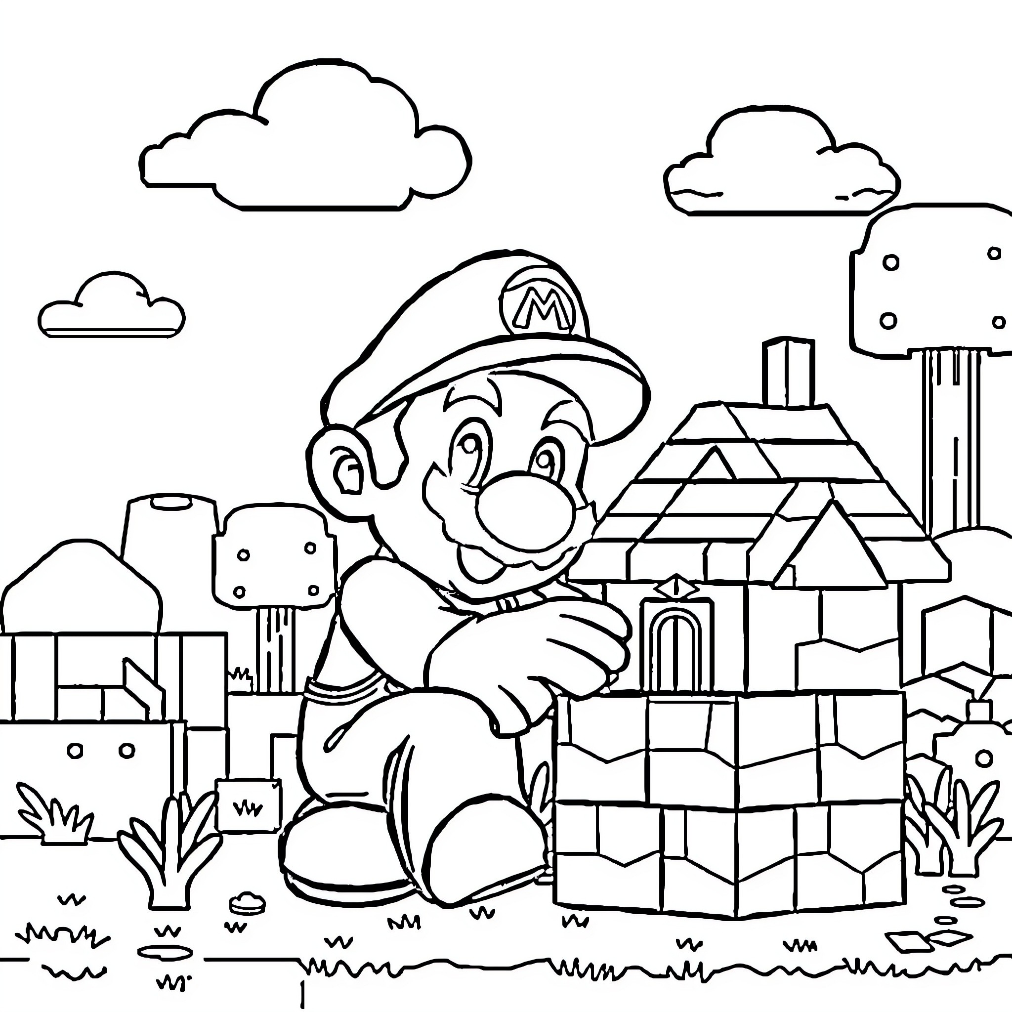 Super Mario exploring a whimsical world of blocks and structures Coloring Page (free black-and-white line drawing printable PDF for all, from beginners to advanced learners, including children, teens, adults, and seniors)