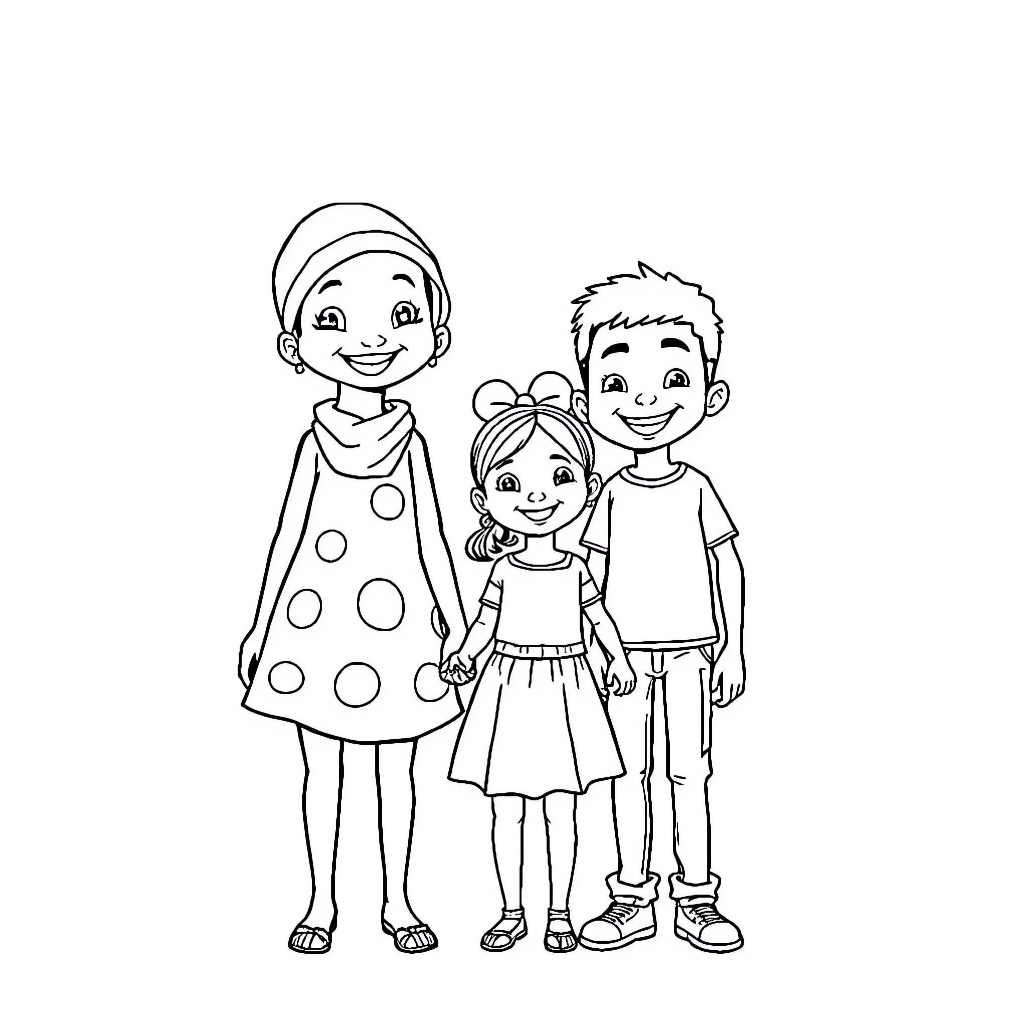 Labubu's Happy Family Outing Coloring Page (free black-and-white line drawing printable PDF for all, from beginners to advanced learners, including children, teens, adults, and seniors)