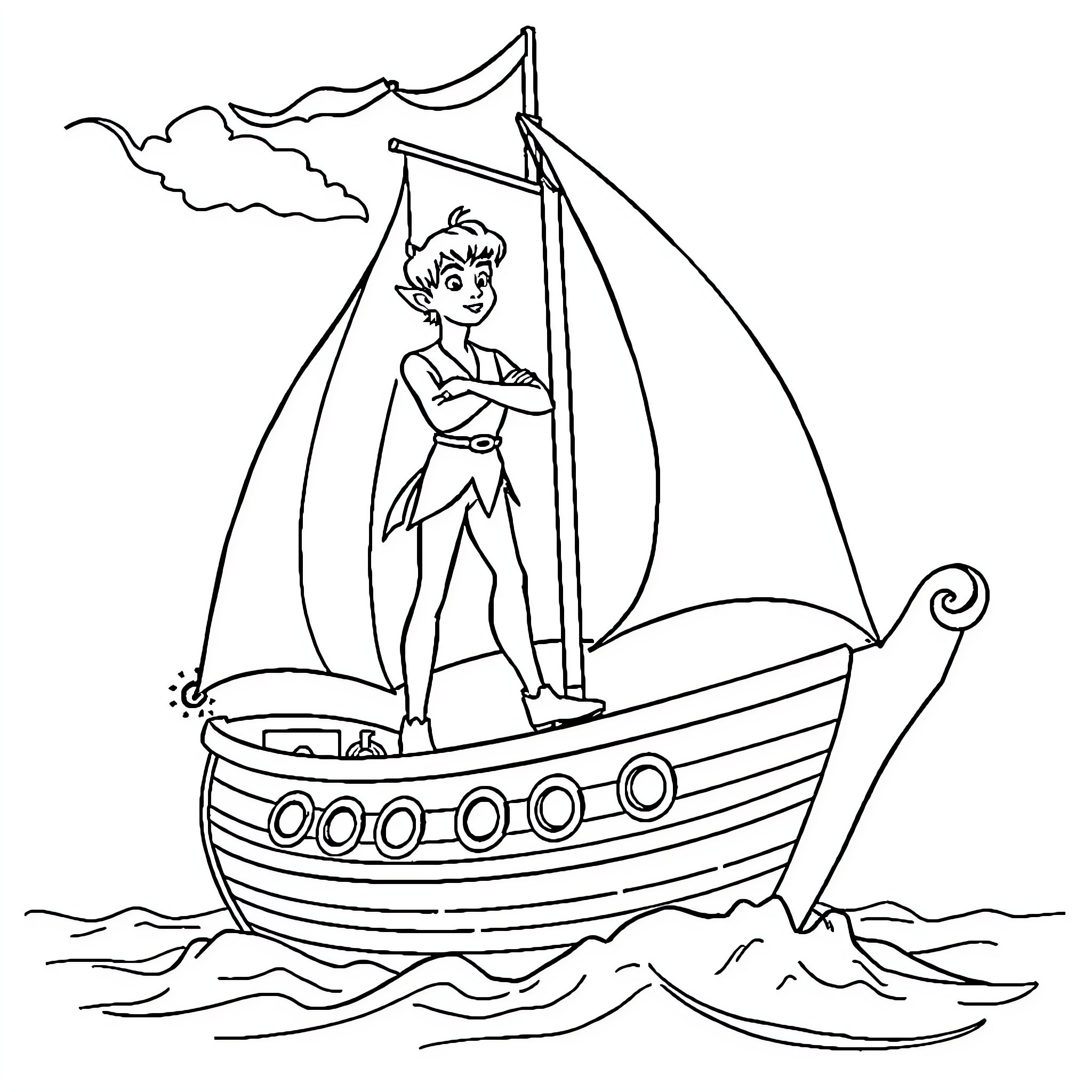 Peter Pan sailing on a pirate ship adventure Coloring Page (free black-and-white line drawing printable PDF for all, from beginners to advanced learners, including children, teens, adults, and seniors)