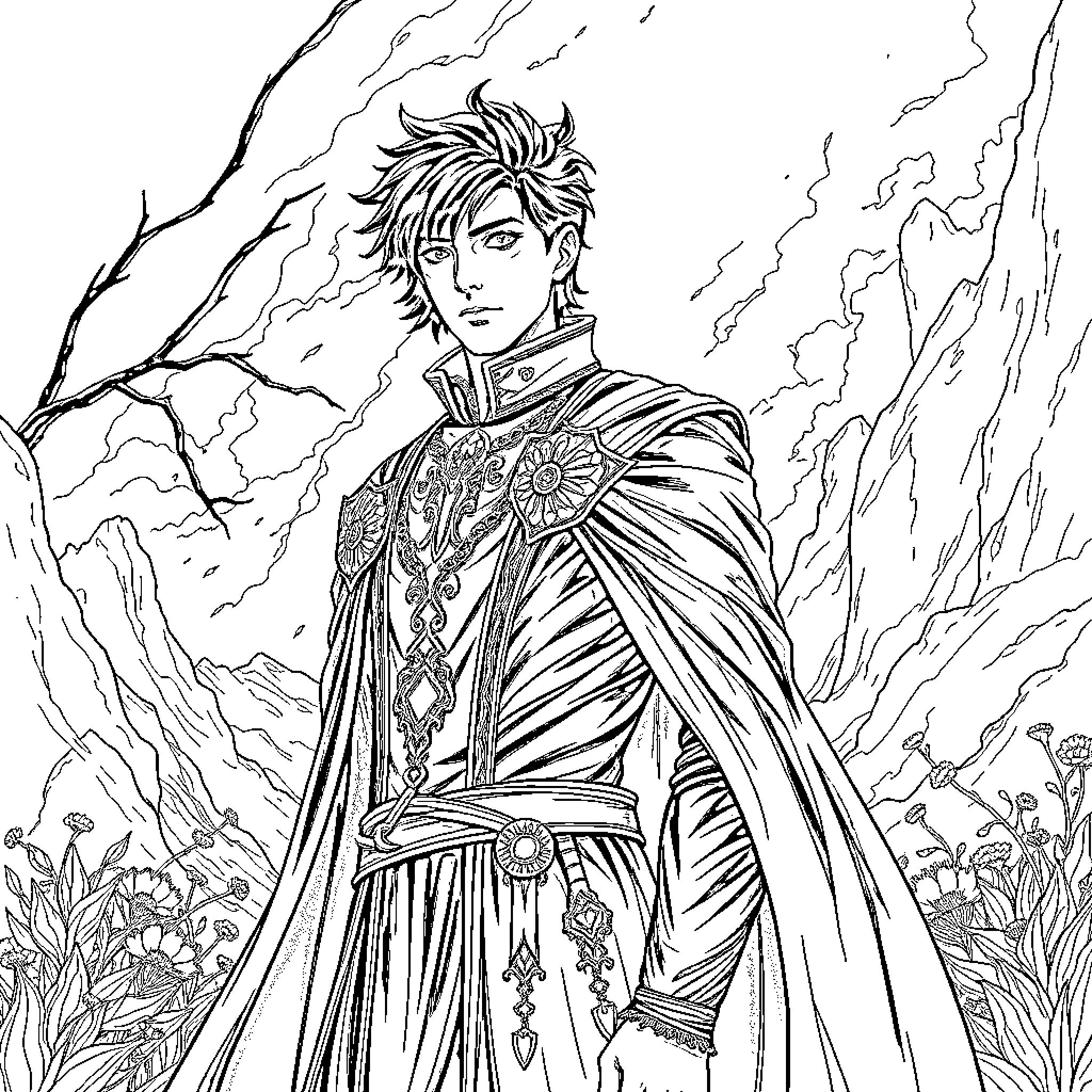 Rhysand in Majestic Attire Amid Mystical Surroundings Coloring Page (free black-and-white line drawing printable PDF for all, from beginners to advanced learners, including children, teens, adults, and seniors)
