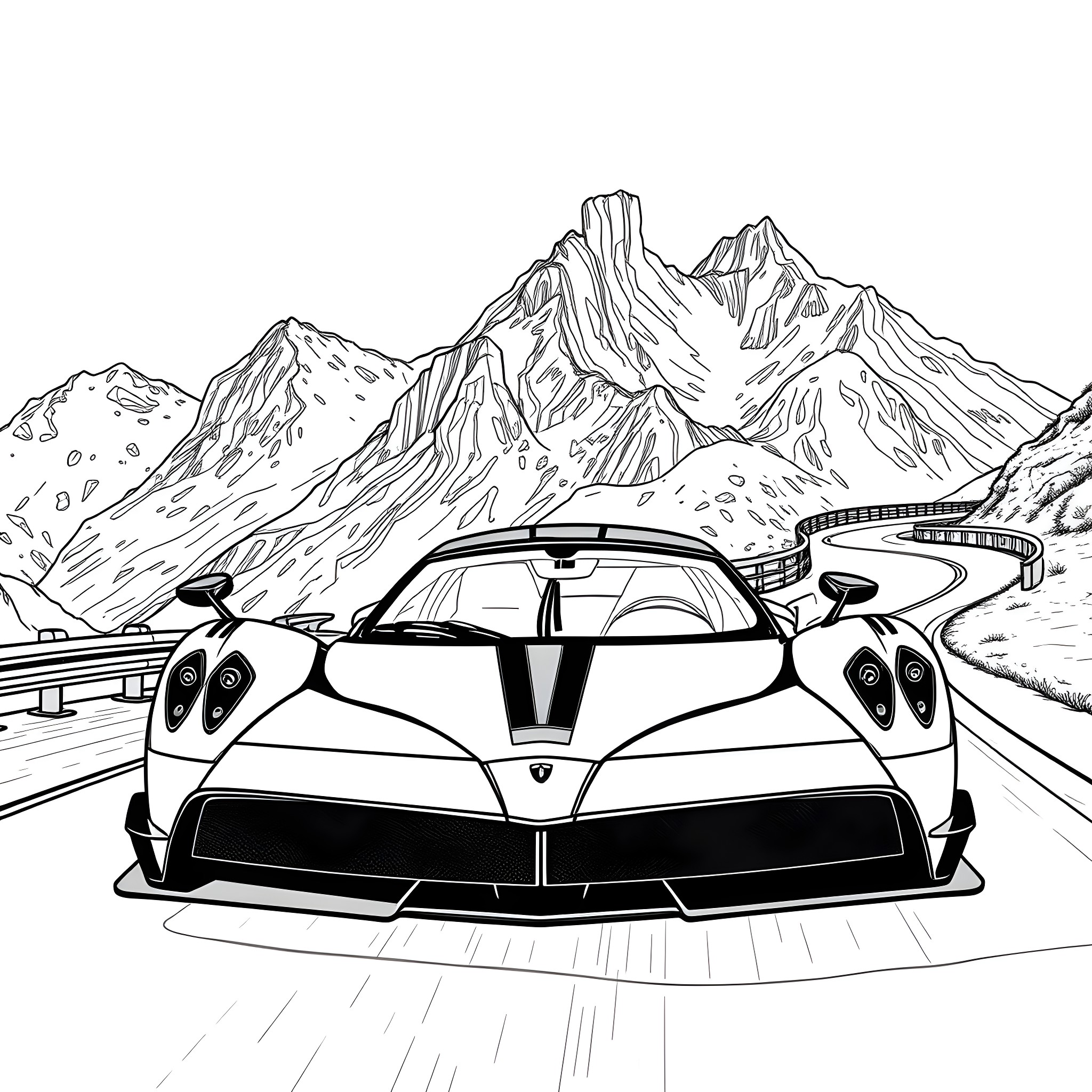 Pagani Hypercar on Winding Mountain Road Coloring Page (free black-and-white line drawing printable PDF for all, from beginners to advanced learners, including children, teens, adults, and seniors)