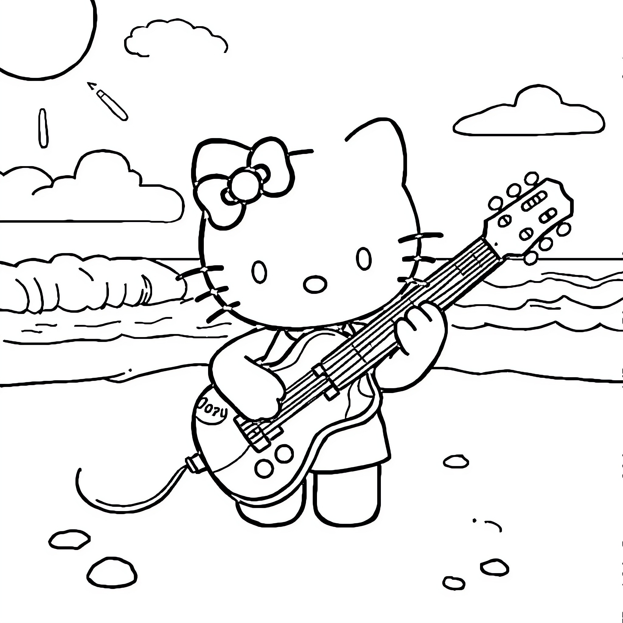 Hello Kitty playing guitar on the beach Coloring Page (free black-and-white line drawing printable PDF for all, from beginners to advanced learners, including children, teens, adults, and seniors)