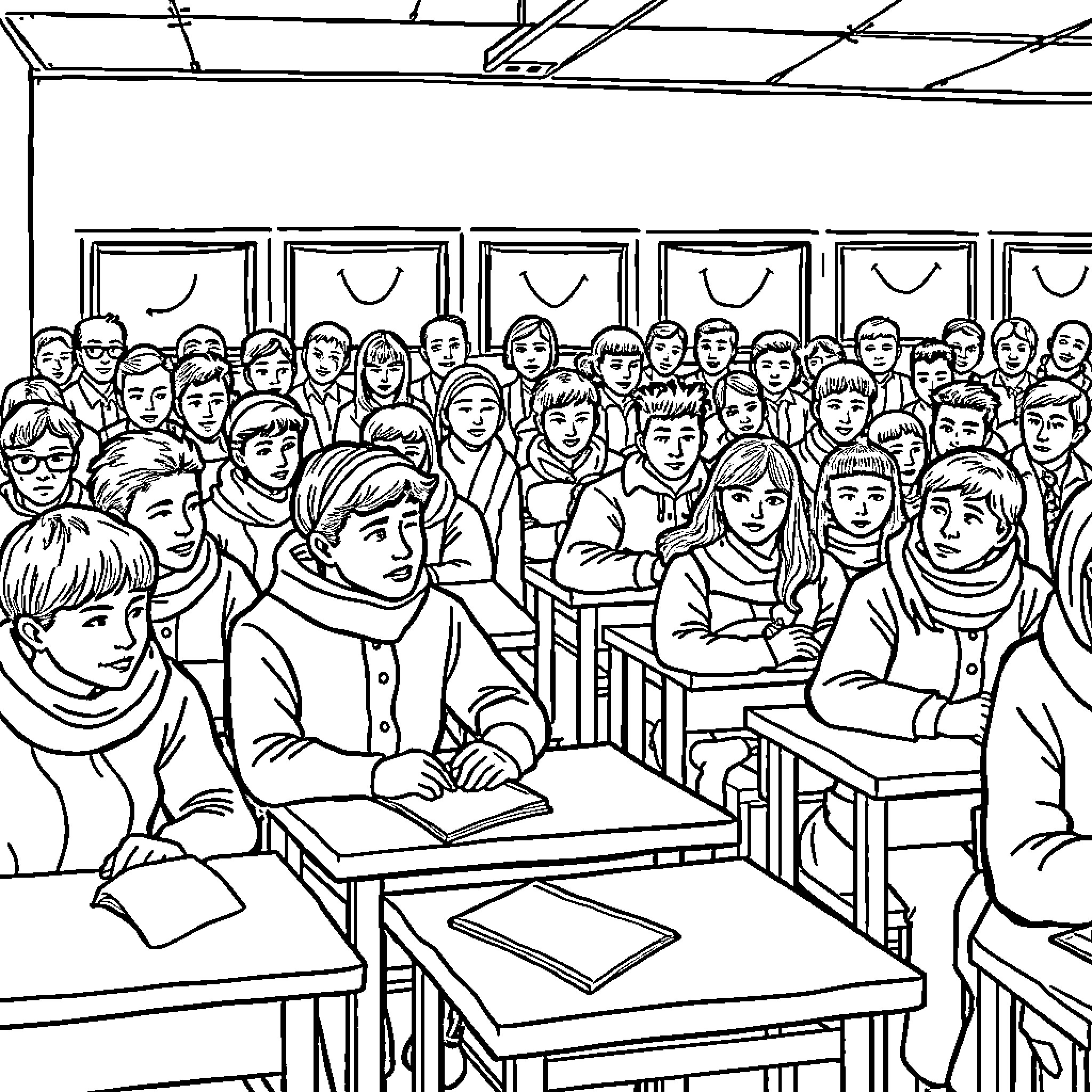 Classroom Full of Engaged Students Coloring Page (free black-and-white line drawing printable PDF for all, from beginners to advanced learners, including children, teens, adults, and seniors)